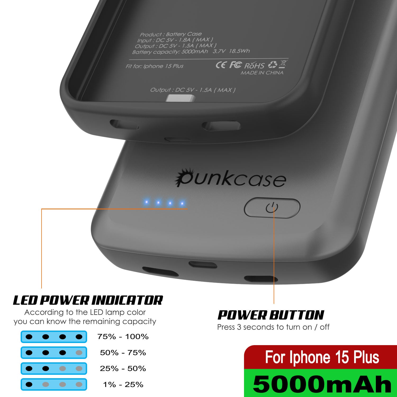 iPhone 15 Plus Battery Case, PunkJuice 5000mAH Fast Charging Power Bank W/ Screen Protector | [Grey]