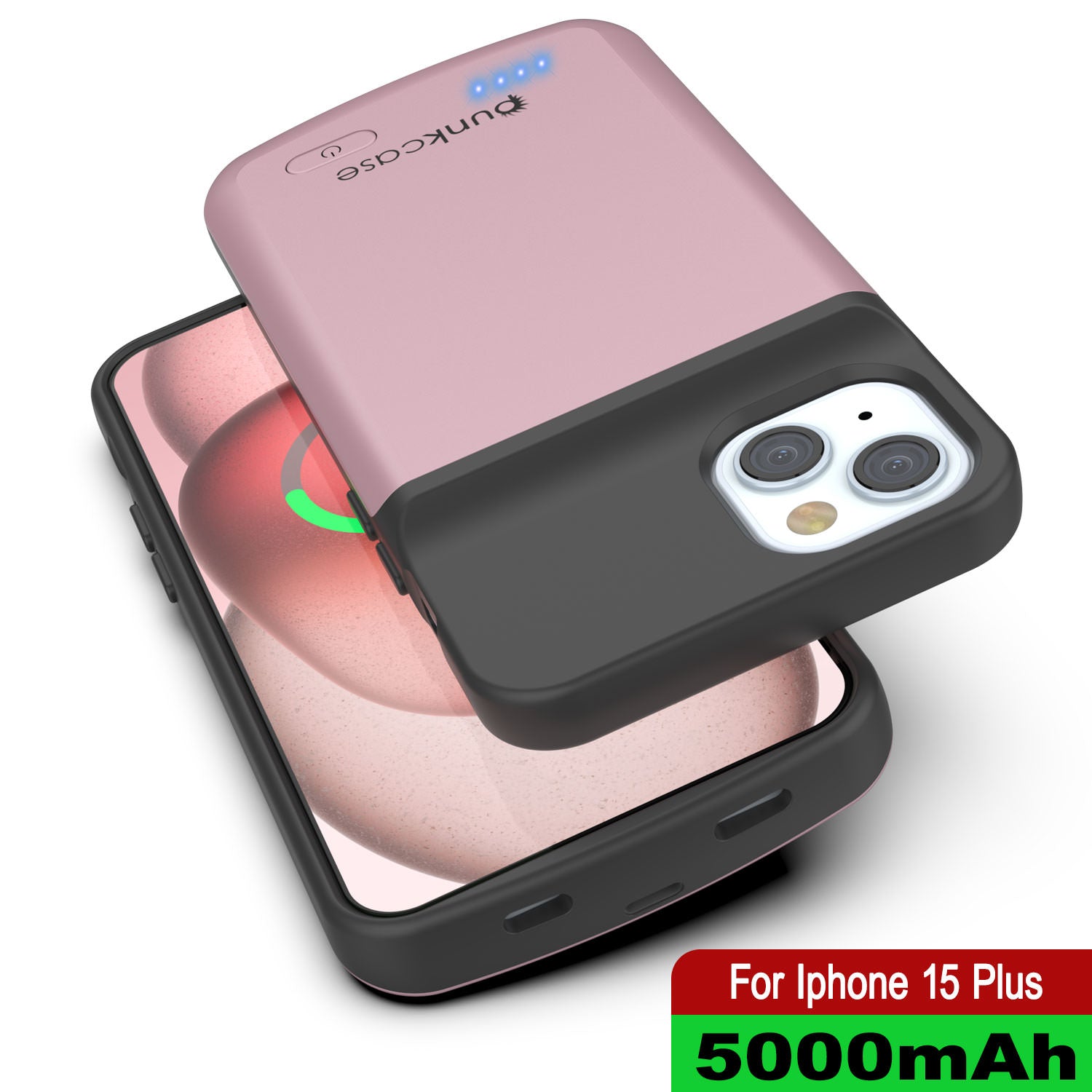 iPhone 15 Plus Battery Case, PunkJuice 5000mAH Fast Charging Power Bank W/ Screen Protector | [Rose-Gold]