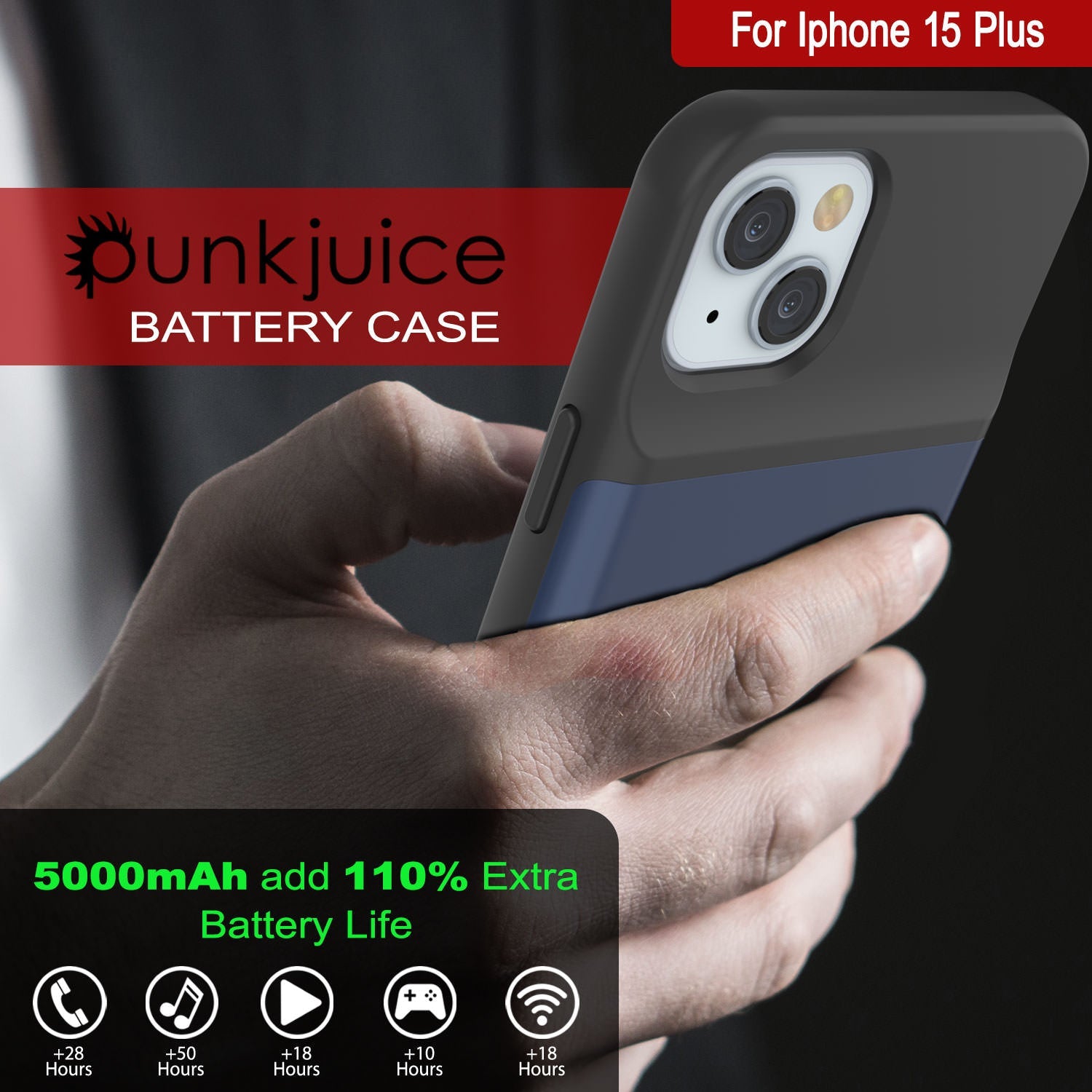 iPhone 15 Plus Battery Case, PunkJuice 5000mAH Fast Charging Power Bank W/ Screen Protector | [Navy Blue]