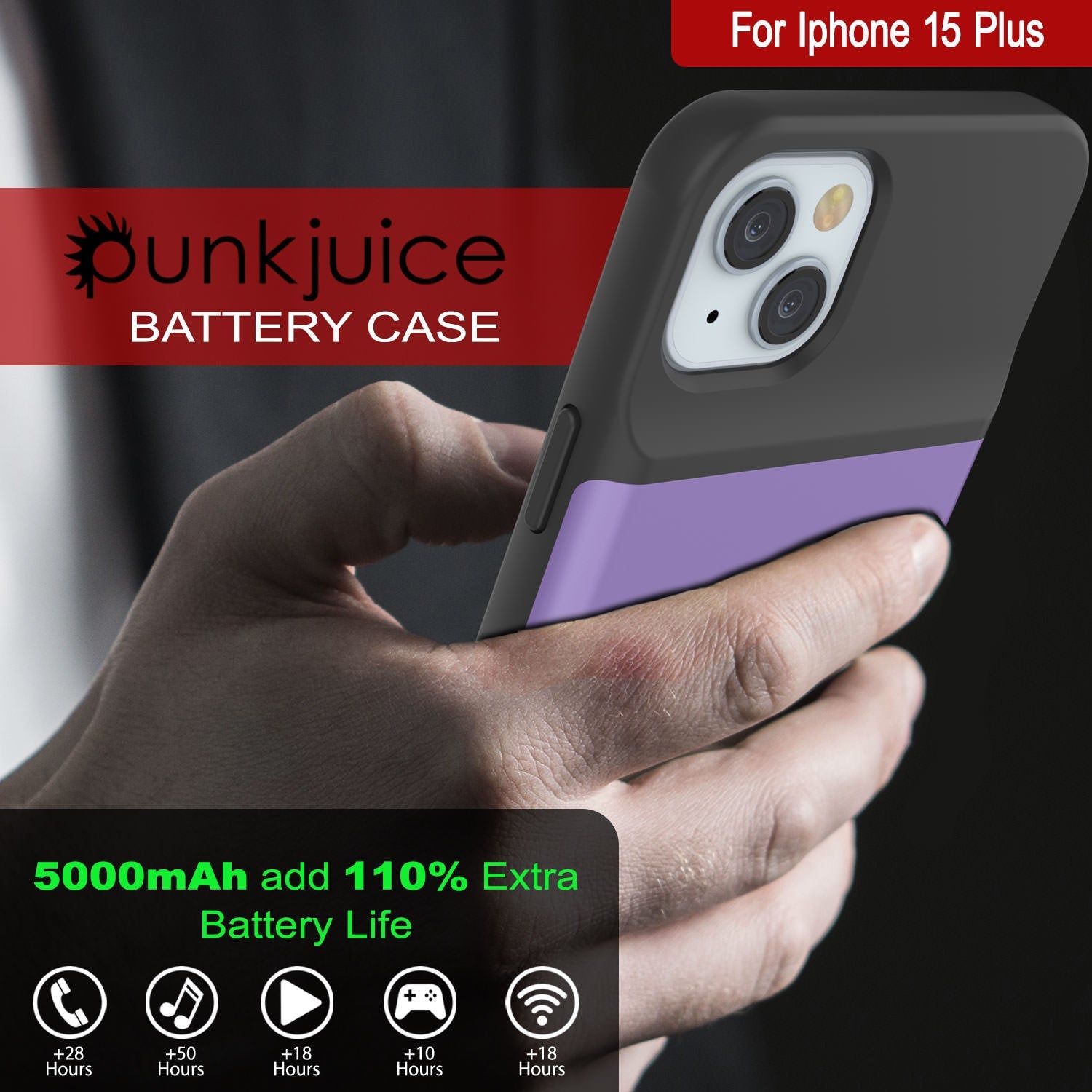 iPhone 15 Plus Battery Case, PunkJuice 5000mAH Fast Charging Power Bank W/ Screen Protector | [Purple]