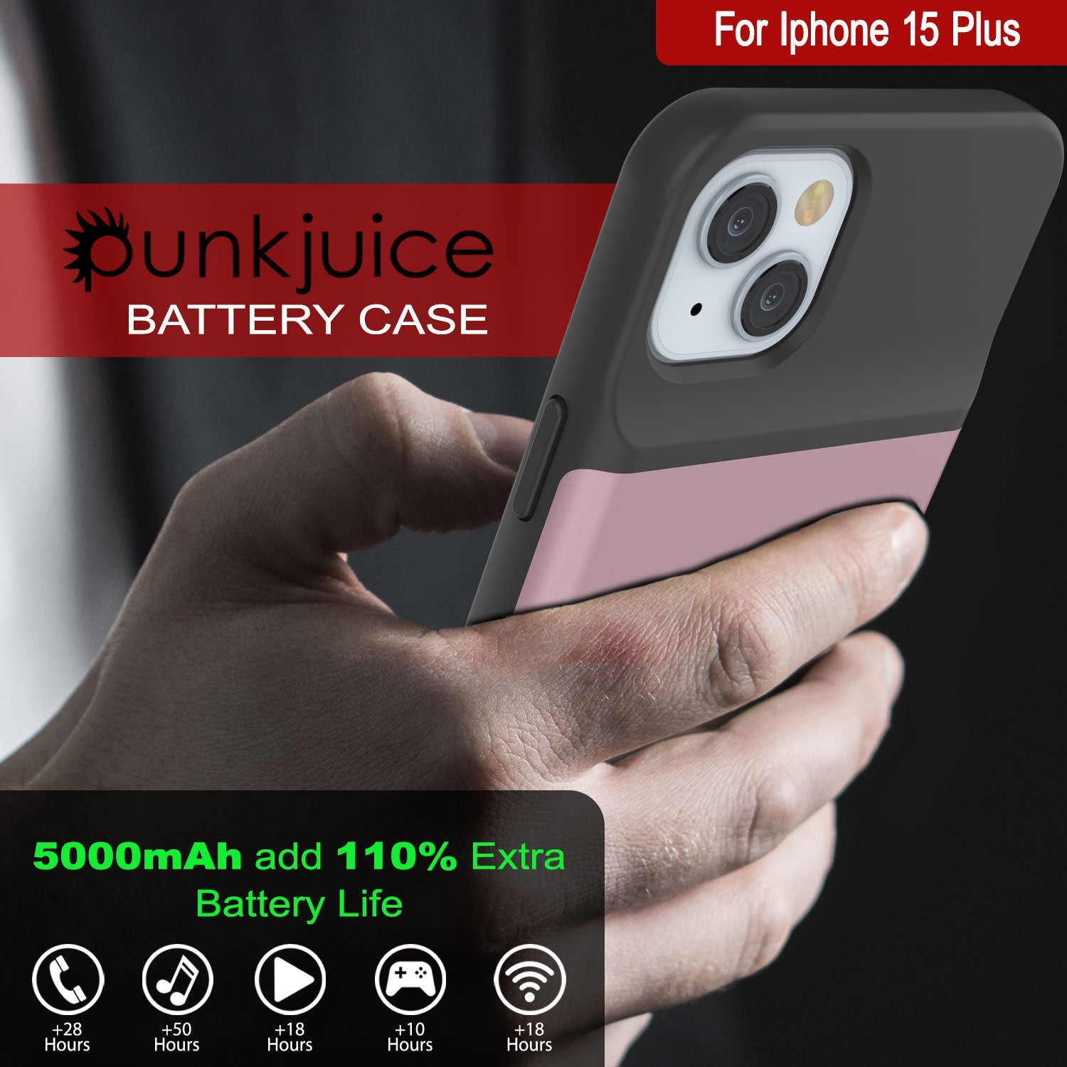 iPhone 15 Plus Battery Case, PunkJuice 5000mAH Fast Charging Power Bank W/ Screen Protector | [Rose-Gold]