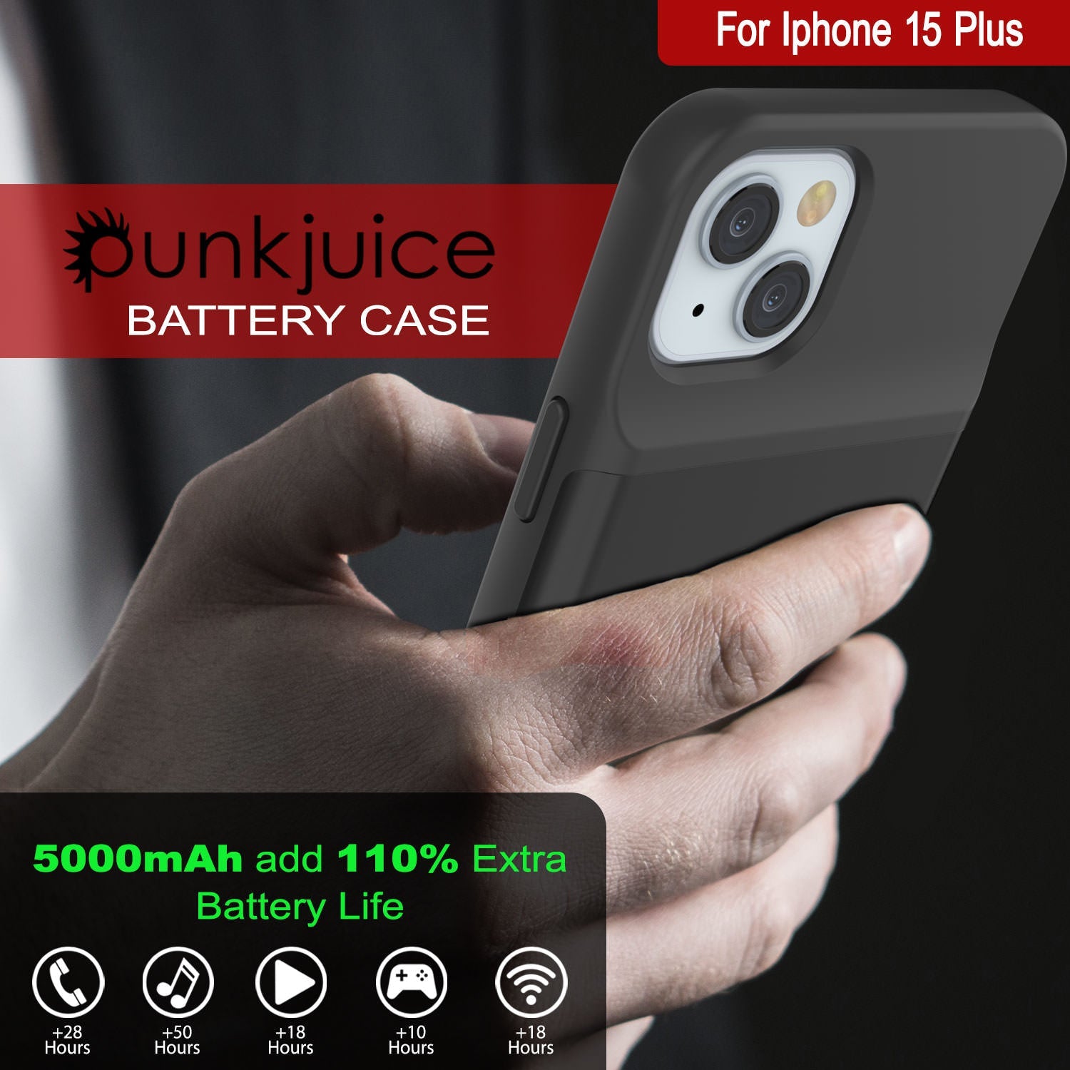iPhone 15 Plus Battery Case, PunkJuice 5000mAH Fast Charging Power Bank W/ Screen Protector | [Black]