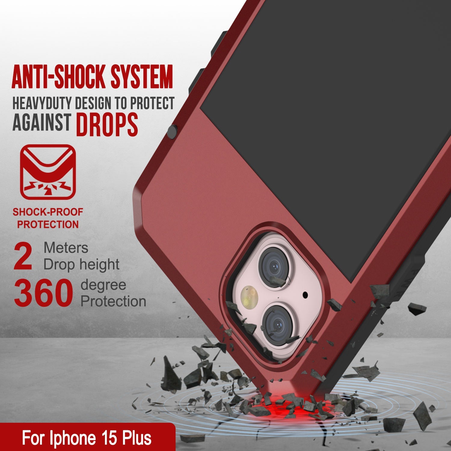 iPhone 15 Plus Metal Case, Heavy Duty Military Grade Armor Cover [shock proof] Full Body Hard [Red]