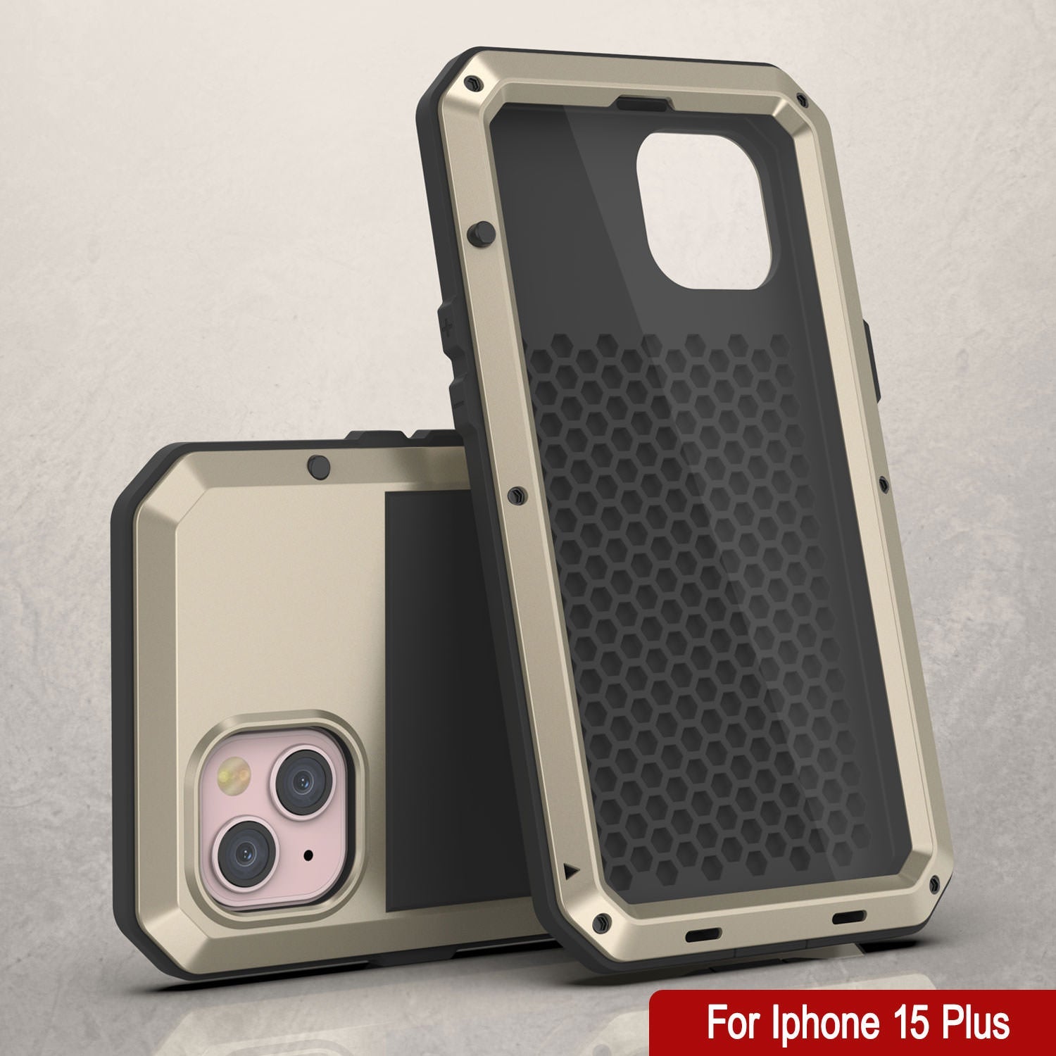 iPhone 15 Plus Metal Case, Heavy Duty Military Grade Armor Cover [shock proof] Full Body Hard [Gold]