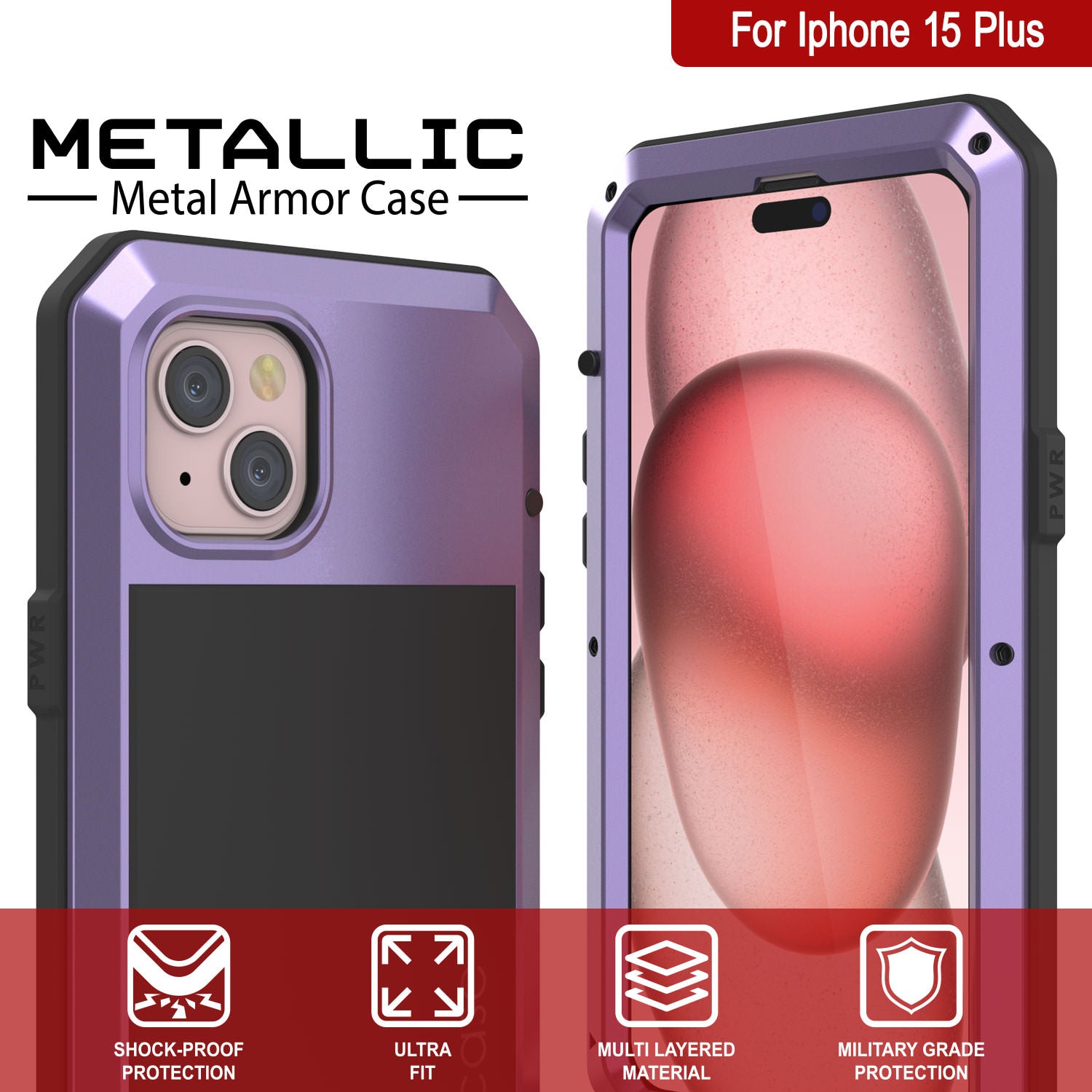 iPhone 15 Plus Metal Case, Heavy Duty Military Grade Armor Cover [shock proof] Full Body Hard [Purple]