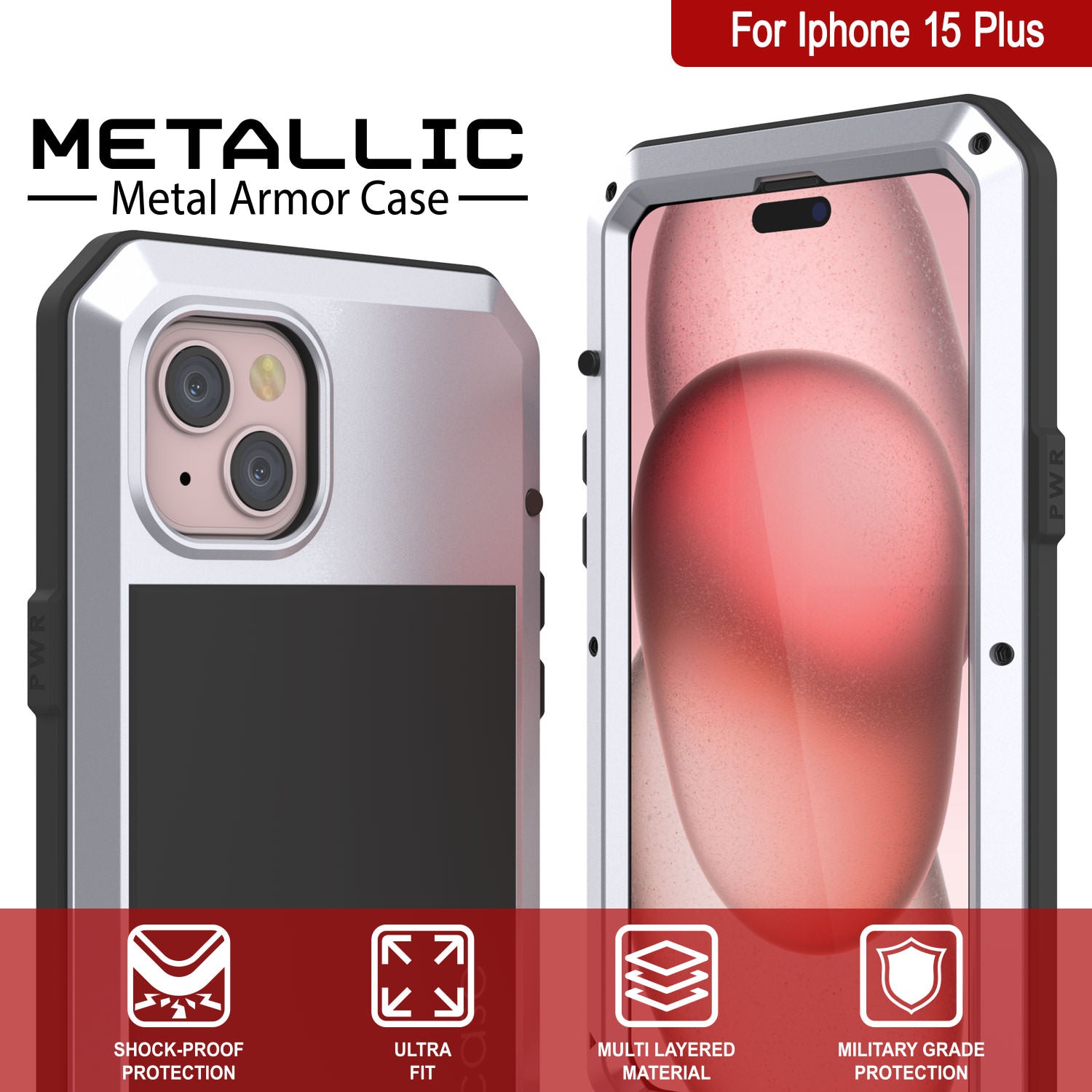 iPhone 15 Plus Metal Case, Heavy Duty Military Grade Armor Cover [shock proof] Full Body Hard [White]