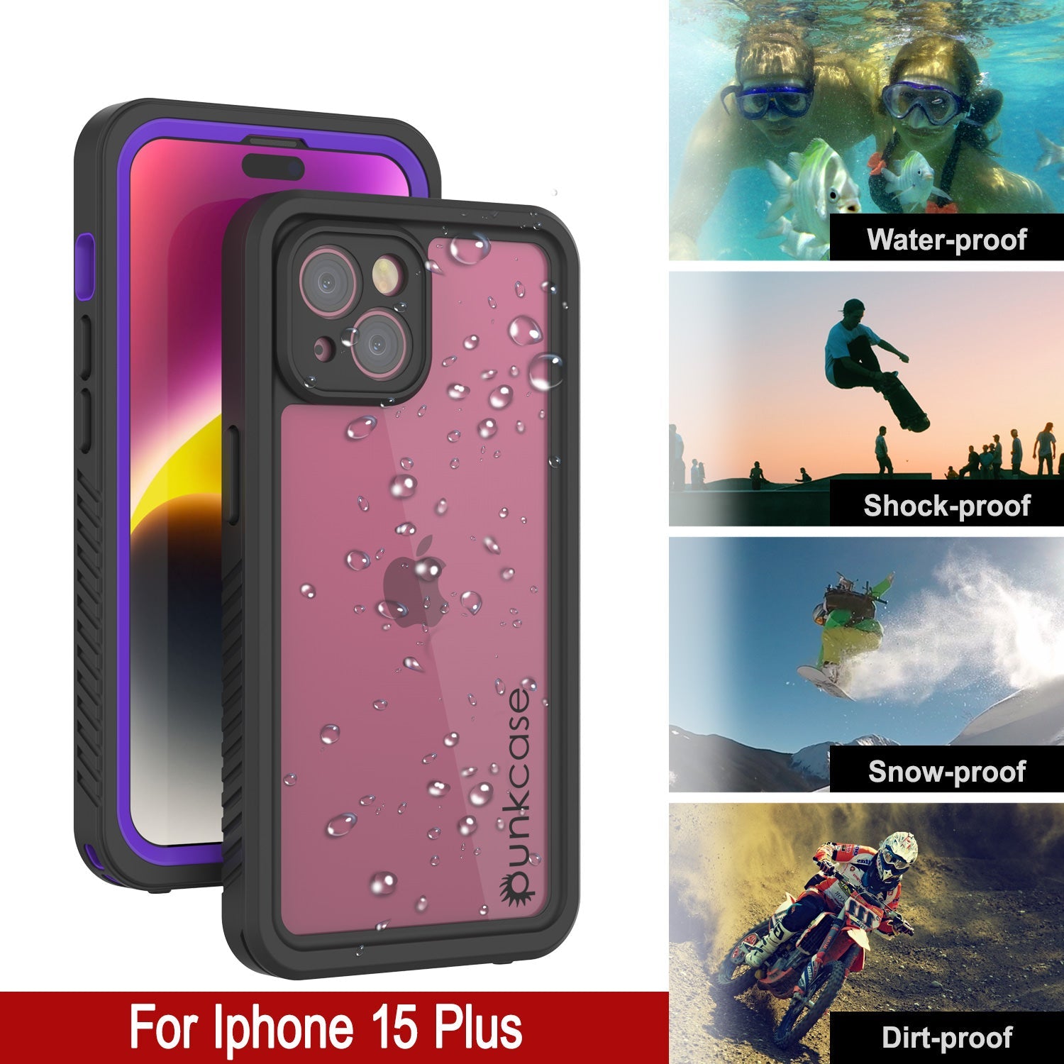 iPhone 15 Plus Waterproof Case, Punkcase [Extreme Series] Armor Cover W/ Built In Screen Protector [Purple]