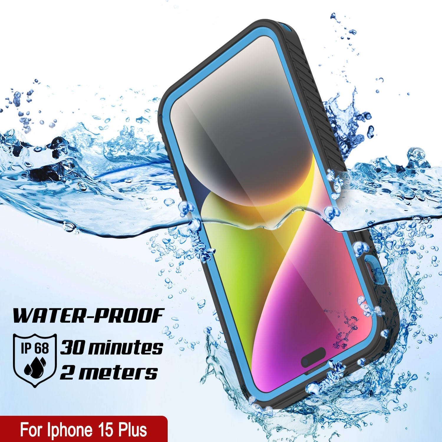 iPhone 15 Plus Waterproof IP68 Case, Punkcase [Light blue] [StudStar Series] [Slim Fit] [Dirtproof]