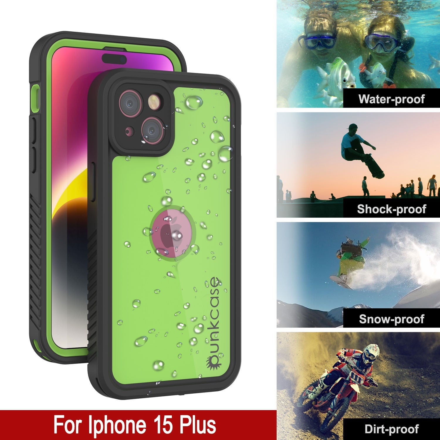 iPhone 15 Plus Waterproof IP68 Case, Punkcase [Light green] [StudStar Series] [Slim Fit] [Dirtproof]