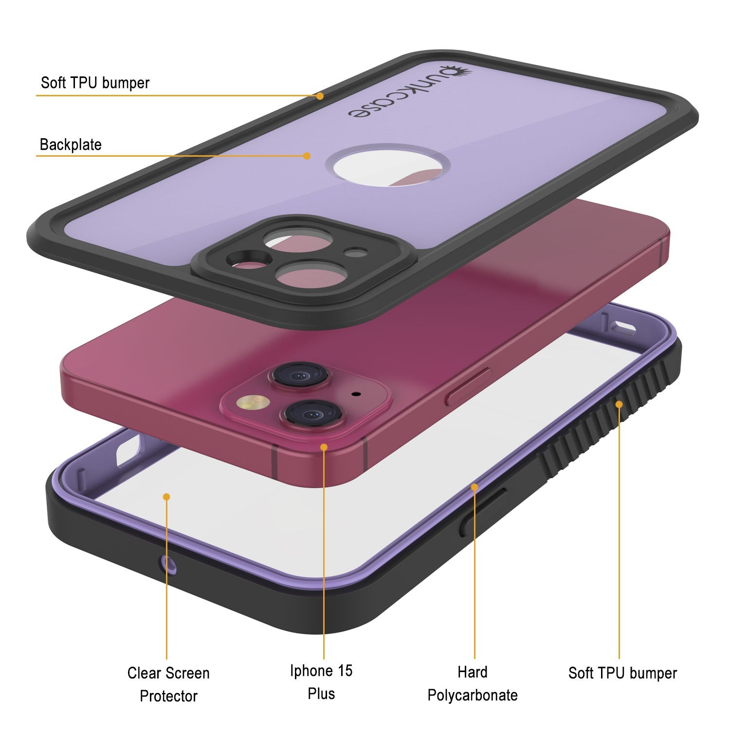 iPhone 15 Plus Waterproof IP68 Case, Punkcase [Lilac] [StudStar Series] [Slim Fit] [Dirtproof]