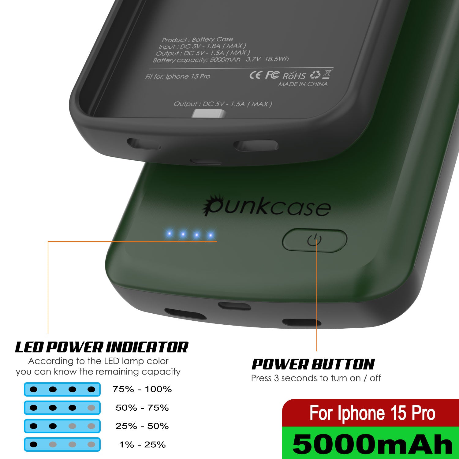iPhone 15 Pro Battery Case, PunkJuice 5000mAH Fast Charging Power Bank W/ Screen Protector | [Green]
