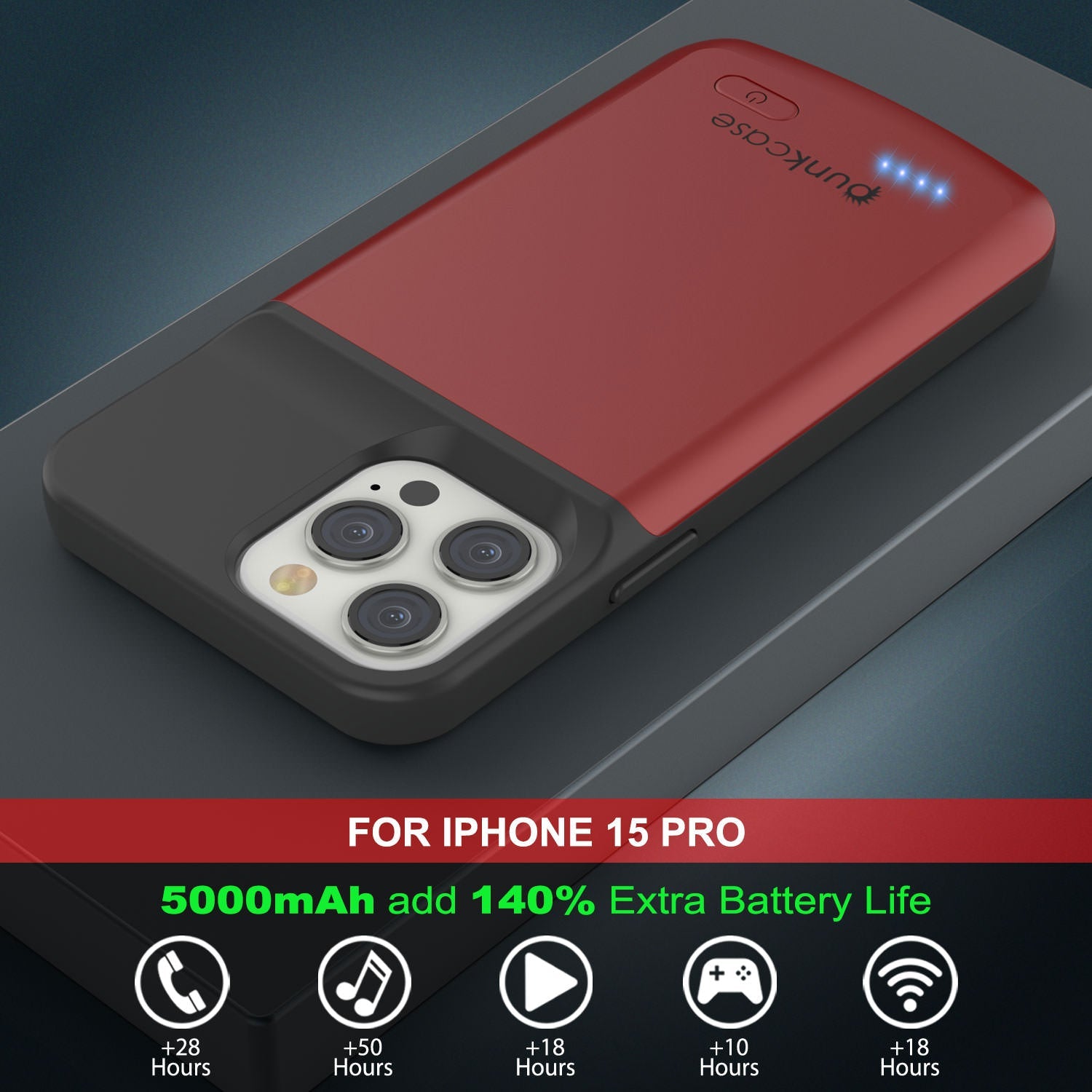 iPhone 15 Pro Battery Case, PunkJuice 5000mAH Fast Charging Power Bank W/ Screen Protector | [Red]