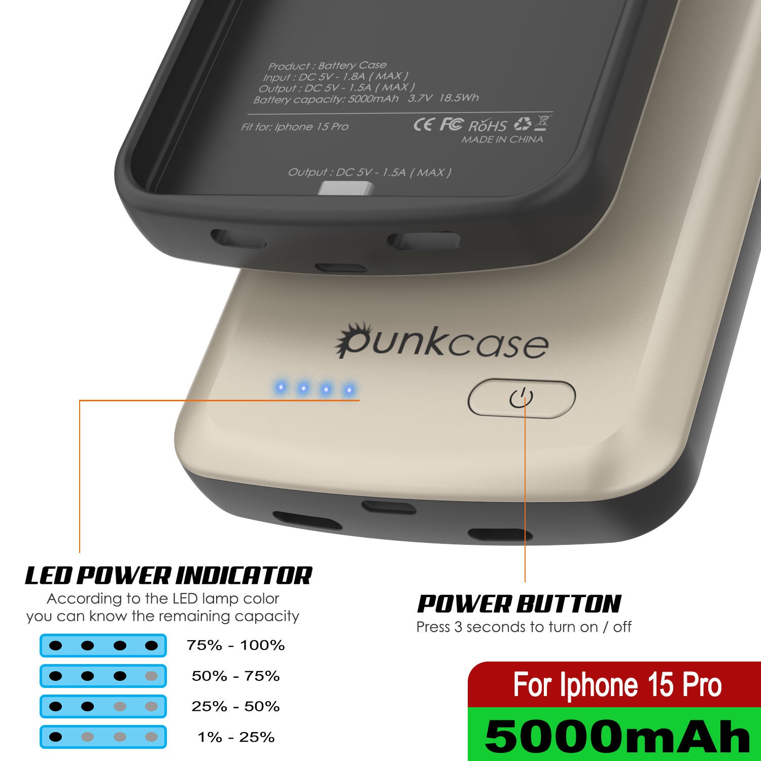iPhone 15 Pro Battery Case, PunkJuice 5000mAH Fast Charging Power Bank W/ Screen Protector | [Gold]