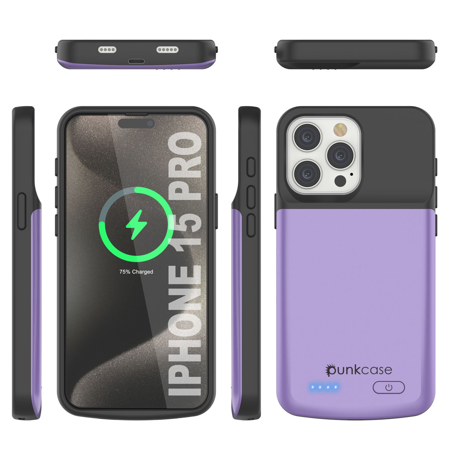iPhone 15 Pro Battery Case, PunkJuice 5000mAH Fast Charging Power Bank W/ Screen Protector | [Purple]