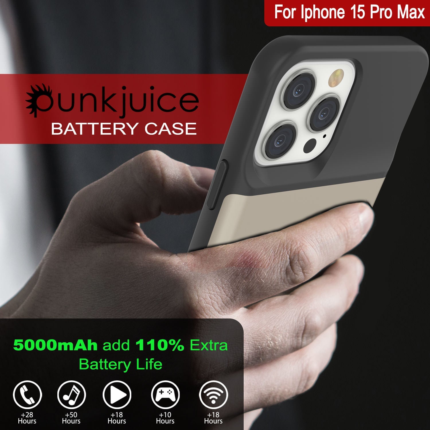 iPhone 15 Pro Max Battery Case, PunkJuice 5000mAH Fast Charging Power Bank W/ Screen Protector | [Gold]