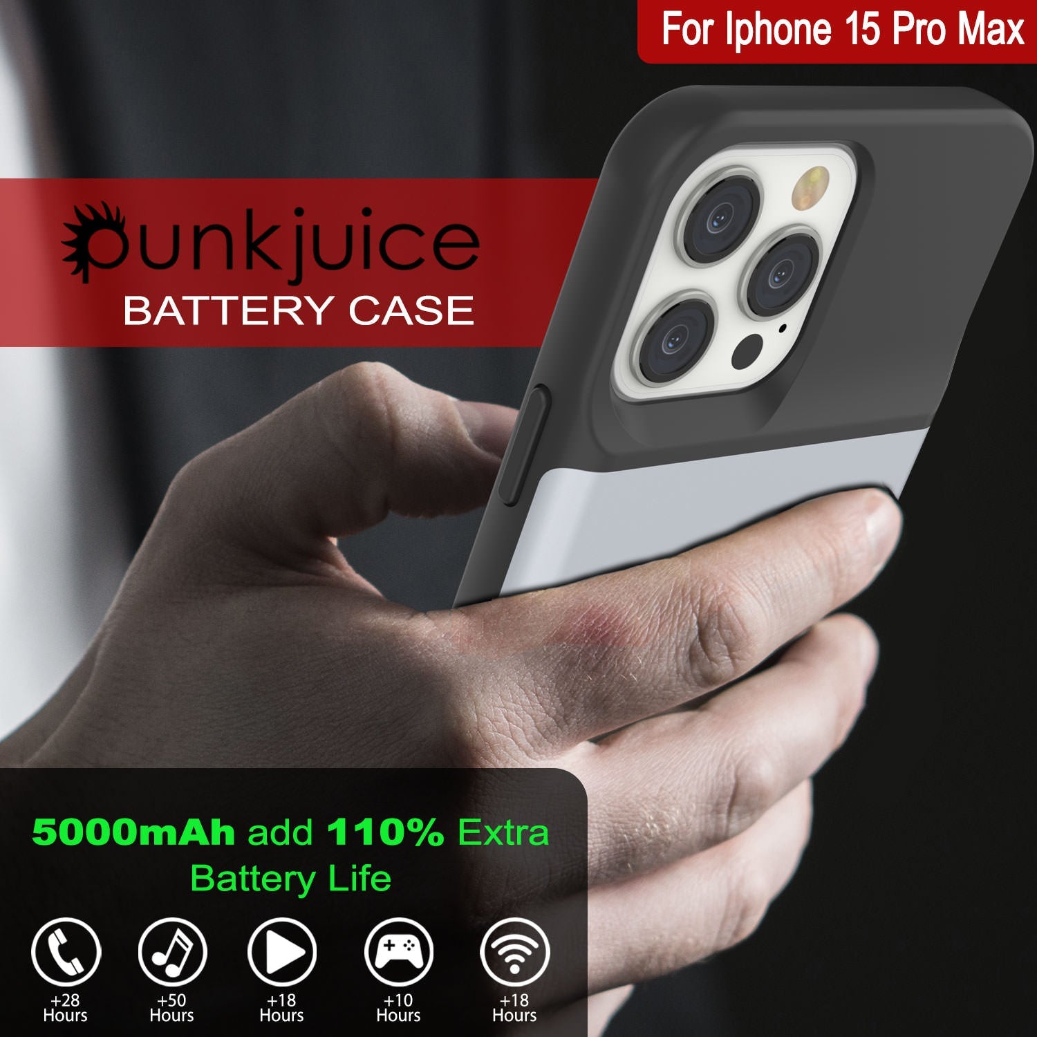 iPhone 15 Pro Max Battery Case, PunkJuice 5000mAH Fast Charging Power Bank W/ Screen Protector | [White]