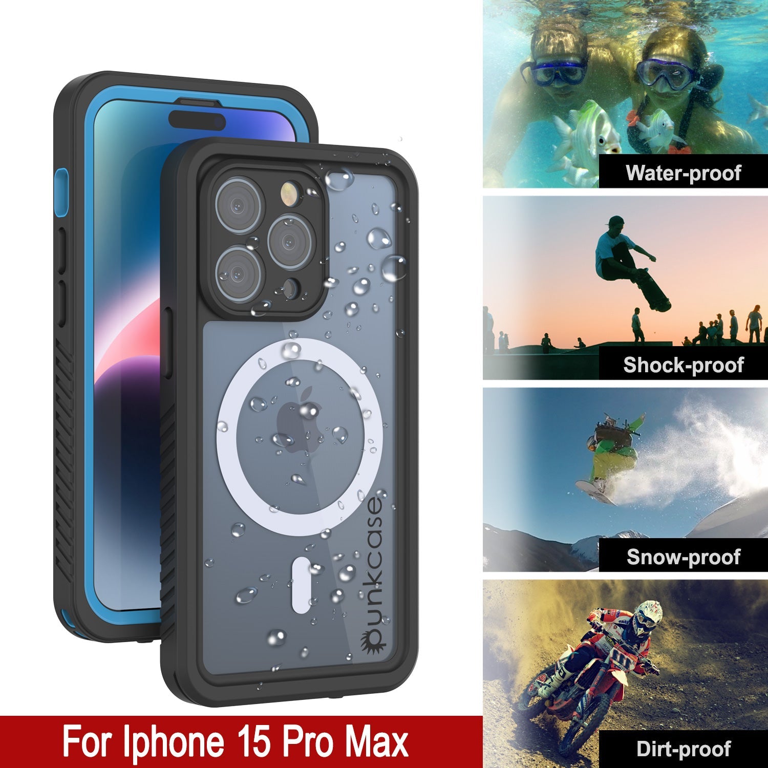 Products iPhone 15 Pro Max Waterproof Case, Punkcase [Extreme Series] Armor Cover W/ Built In Screen Protector [Light Blue]