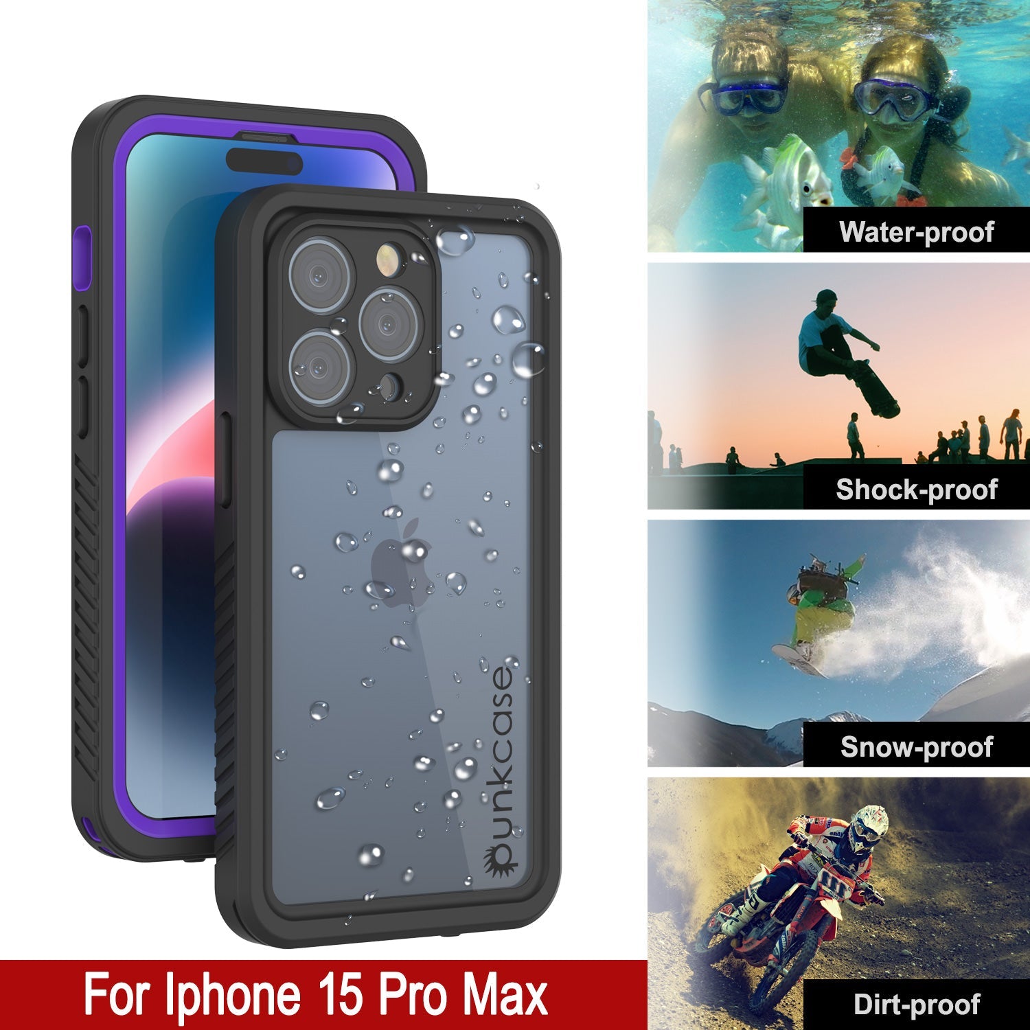 iPhone 15 Pro Max Waterproof Case, Punkcase [Extreme Series] Armor Cover W/ Built In Screen Protector [Purple]