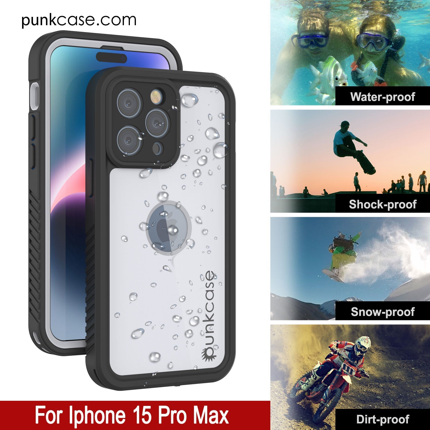 iPhone 15 Pro Max Waterproof IP68 Case, Punkcase [White] [StudStar Series] [Slim Fit] [Dirtproof]