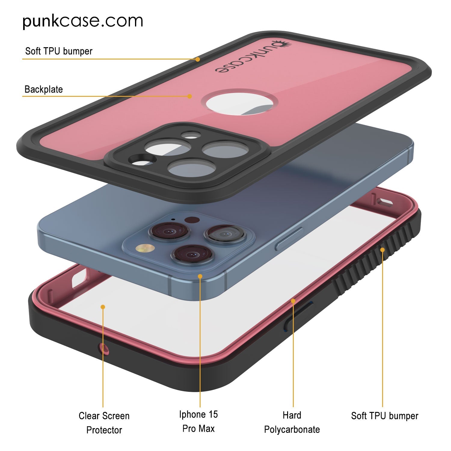 iPhone 15 Pro Max Waterproof IP68 Case, Punkcase [Pink] [StudStar Series] [Slim Fit] [Dirtproof]
