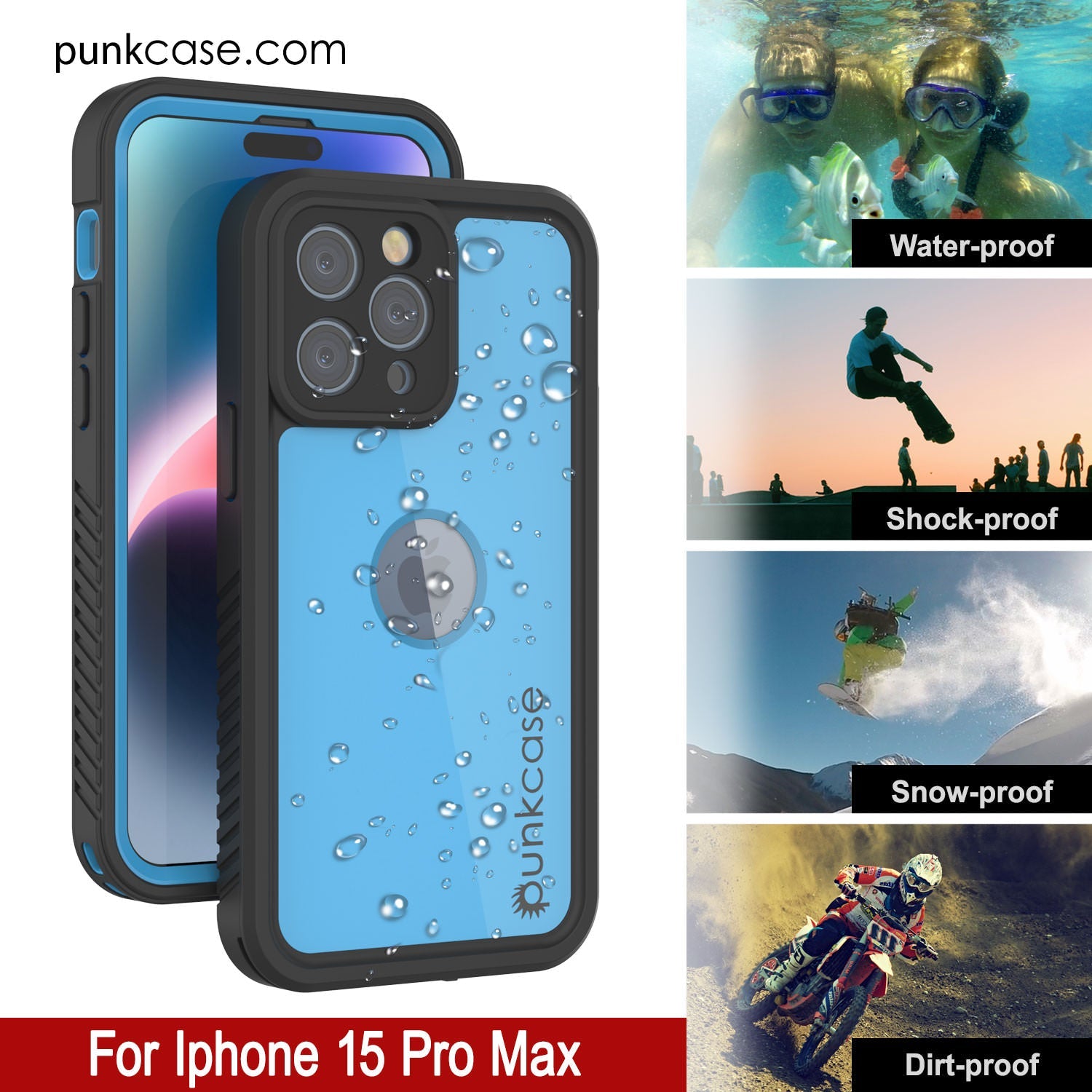 iPhone 15 Pro Max Waterproof IP68 Case, Punkcase [Light blue] [StudStar Series] [Slim Fit] [Dirtproof]