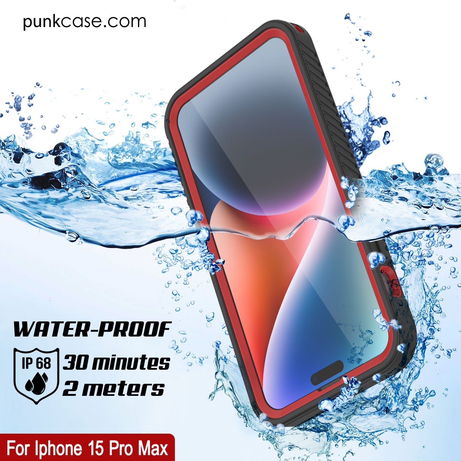 iPhone 15 Pro Max Waterproof IP68 Case, Punkcase [Red] [StudStar Series] [Slim Fit]