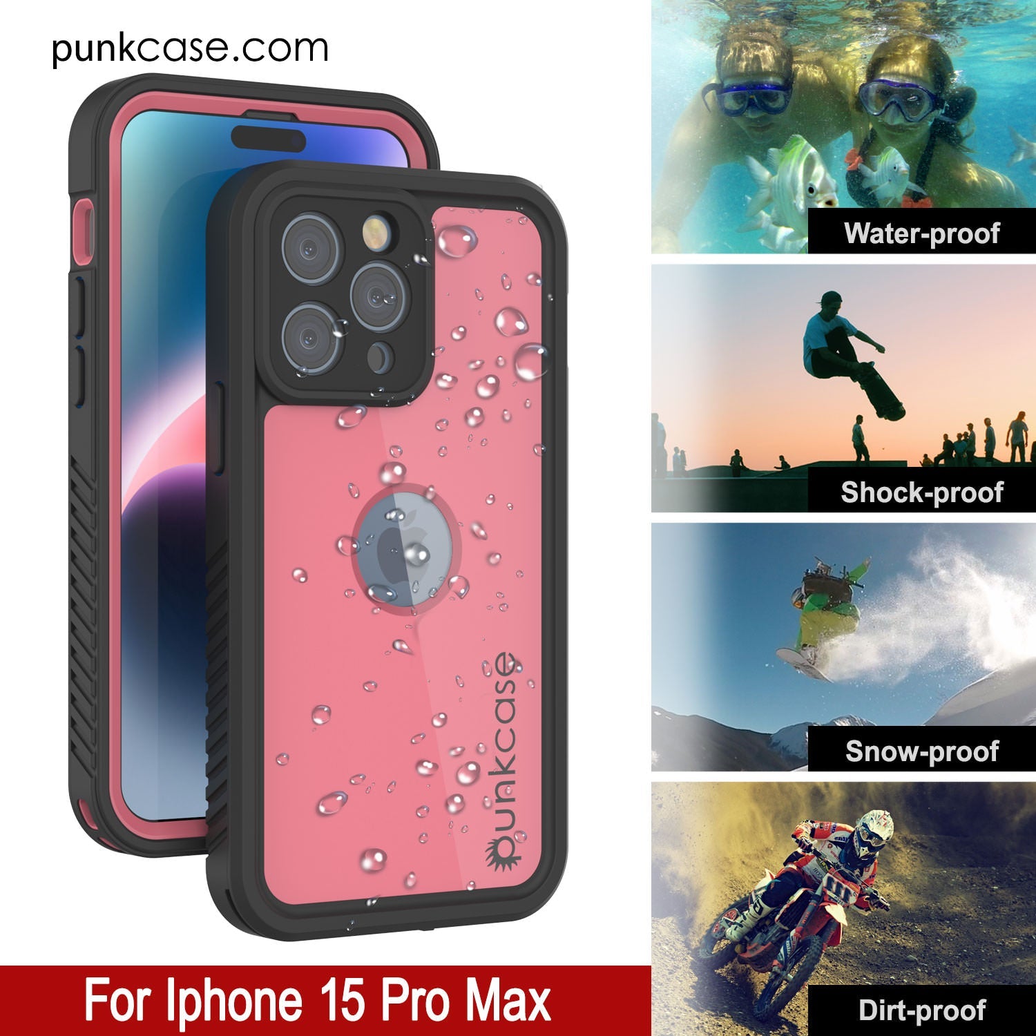 iPhone 15 Pro Max Waterproof IP68 Case, Punkcase [Pink] [StudStar Series] [Slim Fit] [Dirtproof]
