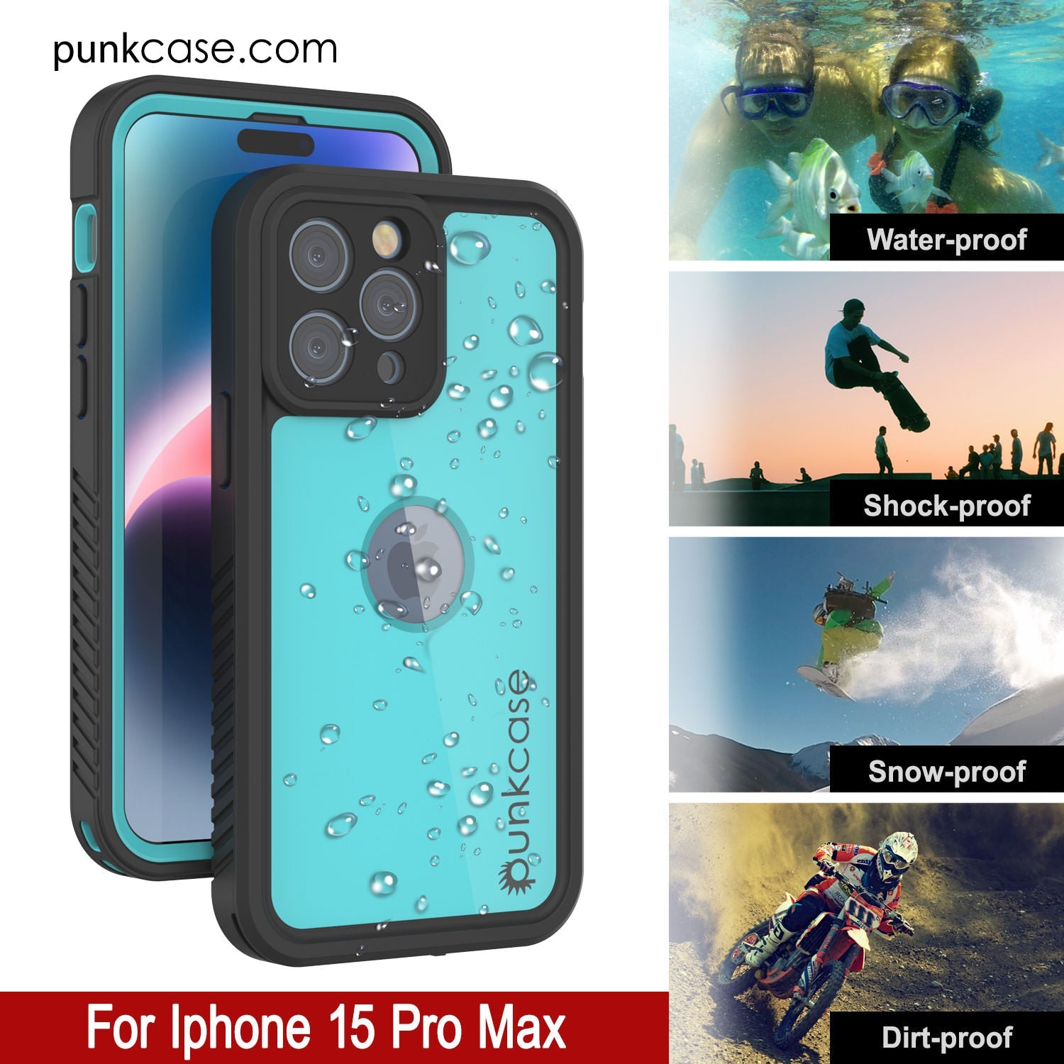 iPhone 15 Pro Max Waterproof IP68 Case, Punkcase [Teal] [StudStar Series] [Slim Fit]