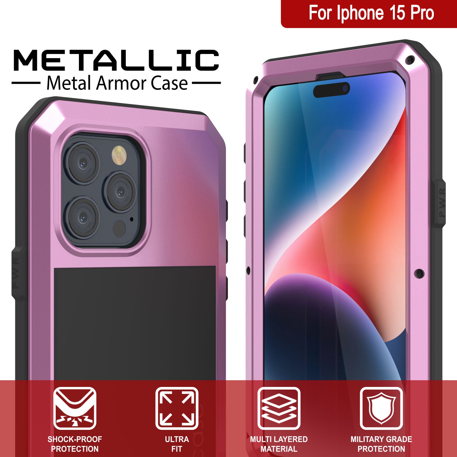 iPhone 15 Pro Metal Case, Heavy Duty Military Grade Armor Cover [shock proof] Full Body Hard [Pink]