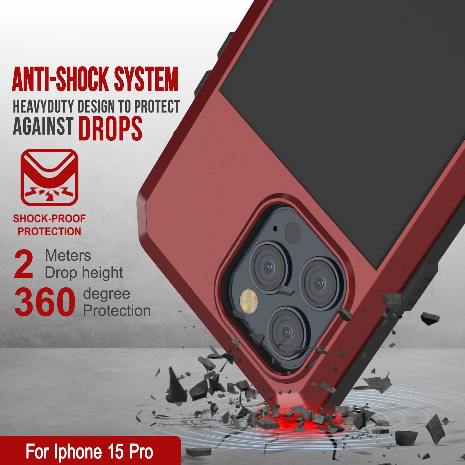 iPhone 15 Pro Metal Case, Heavy Duty Military Grade Armor Cover [shock proof] Full Body Hard [Red]