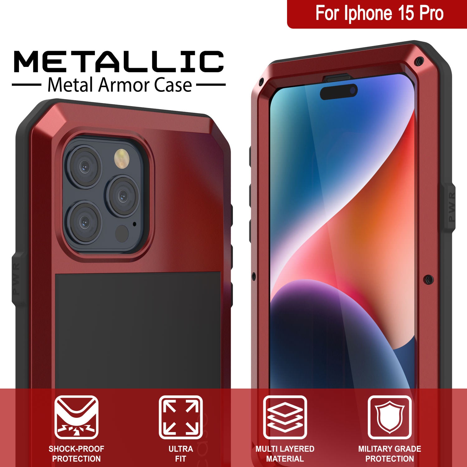 iPhone 15 Pro Metal Case, Heavy Duty Military Grade Armor Cover [shock proof] Full Body Hard [Red]