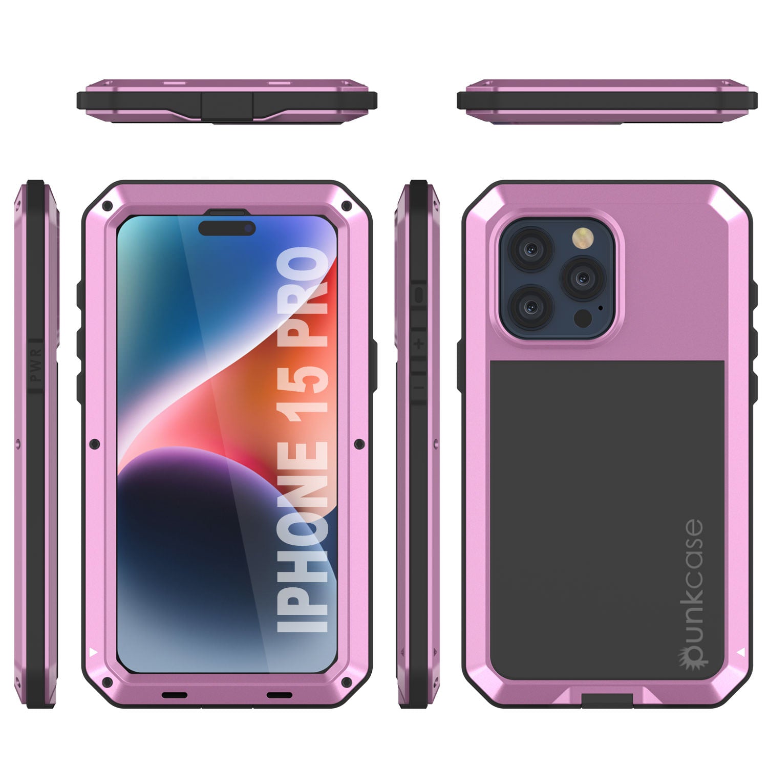 iPhone 15 Pro Metal Case, Heavy Duty Military Grade Armor Cover [shock proof] Full Body Hard [Pink]