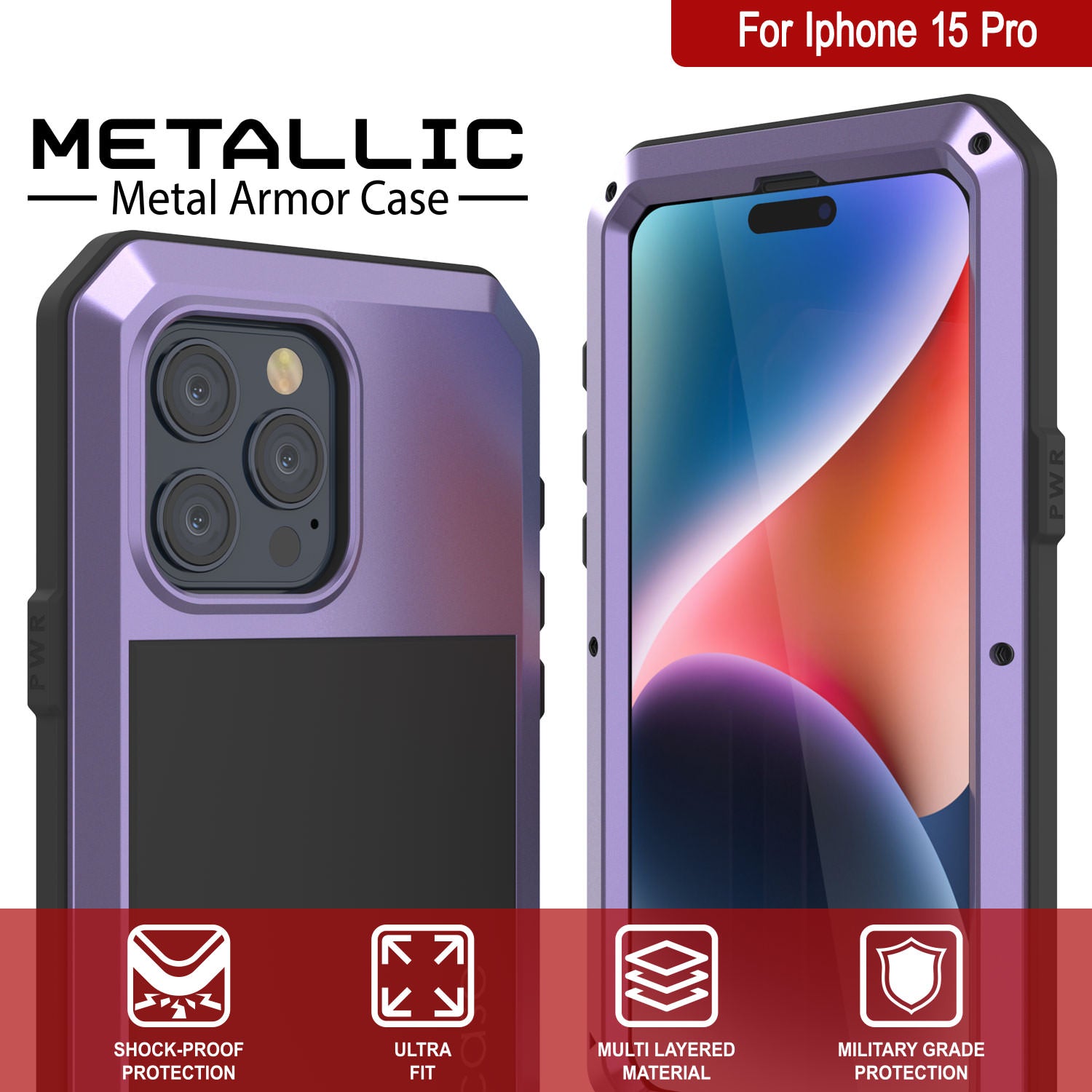 iPhone 15 Pro Metal Case, Heavy Duty Military Grade Armor Cover [shock proof] Full Body Hard [Purple]