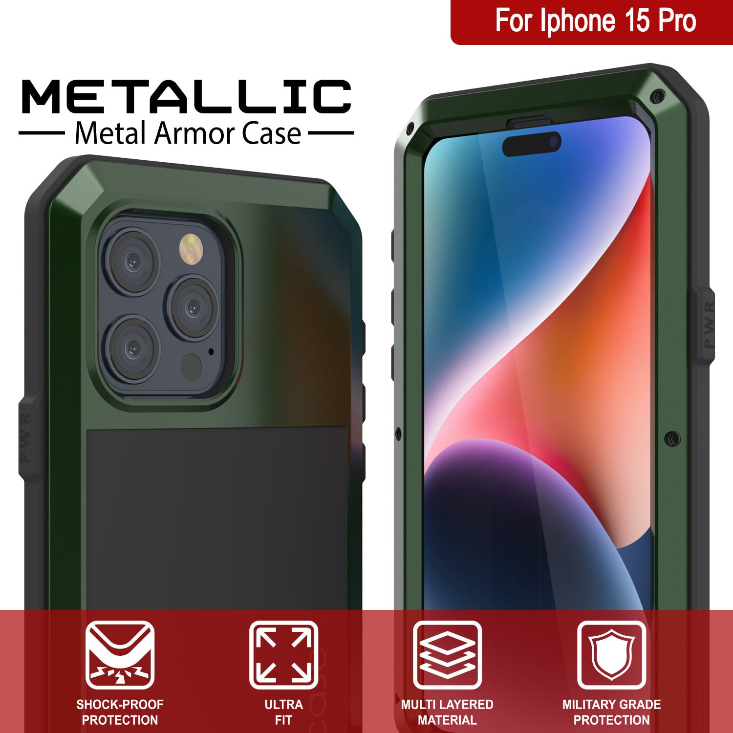 iPhone 15 Pro Metal Case, Heavy Duty Military Grade Armor Cover [shock proof] Full Body Hard [Dark Green]