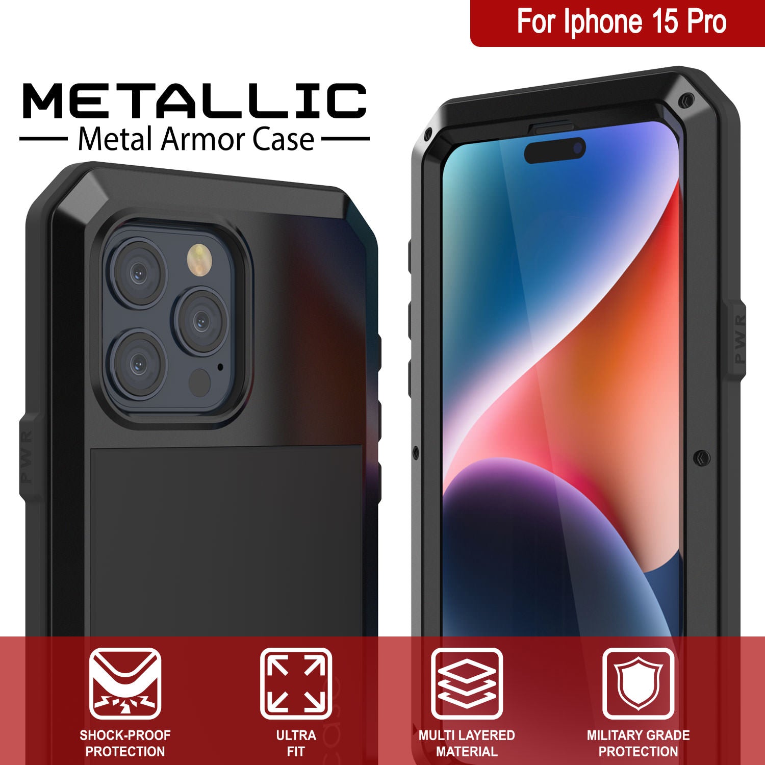 iPhone 15 Pro Metal Case, Heavy Duty Military Grade Armor Cover [shock proof] Full Body Hard [Black]