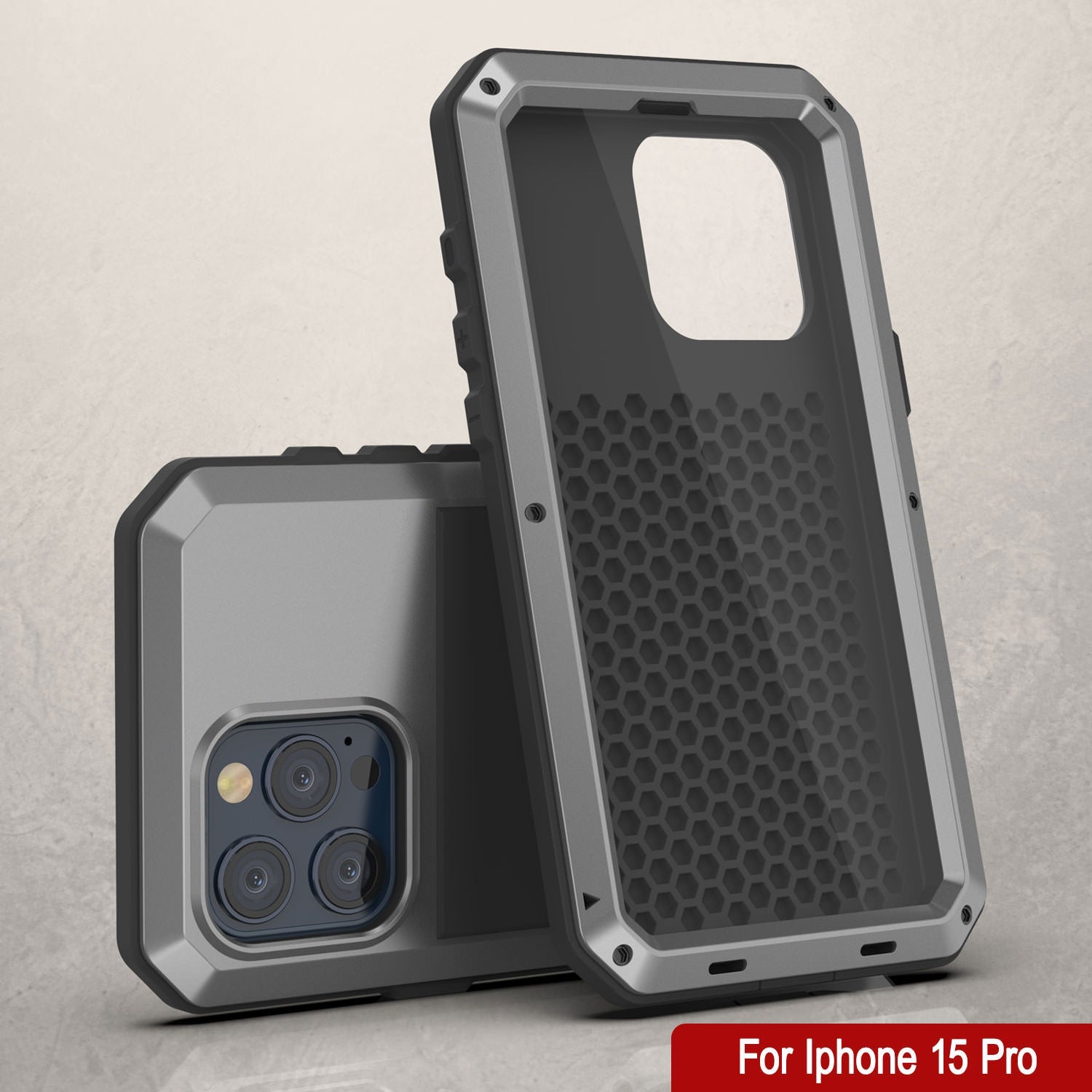 iPhone 15 Pro Metal Case, Heavy Duty Military Grade Armor Cover [shock proof] Full Body Hard [Silver]