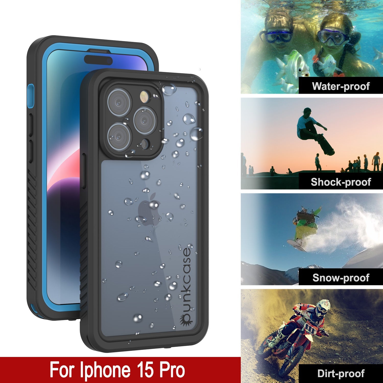 iPhone 15 Pro Waterproof Case, Punkcase [Extreme Series] Armor Cover W/ Built In Screen Protector [Light Blue]