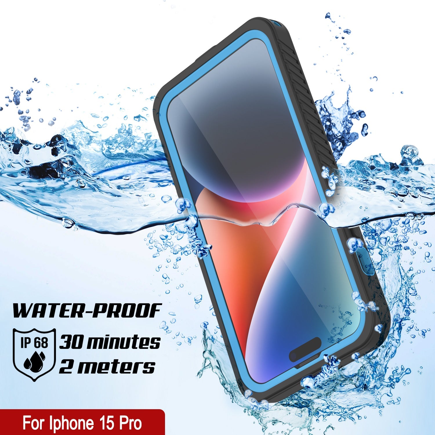 iPhone 15 Pro Waterproof Case, Punkcase [Extreme Series] Armor Cover W/ Built In Screen Protector [Light Blue]