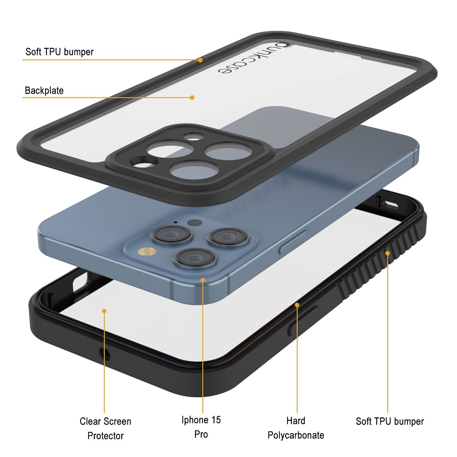 iPhone 15 Pro Waterproof IP68 Case, Punkcase [Clear] [StudStar Series] [Slim Fit] [Dirtproof]