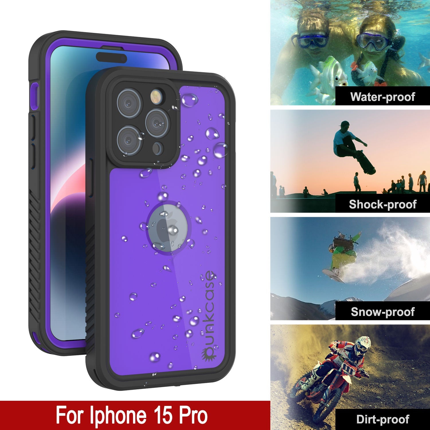 iPhone 15 Pro Waterproof IP68 Case, Punkcase [Purple] [StudStar Series] [Slim Fit] [Dirtproof]