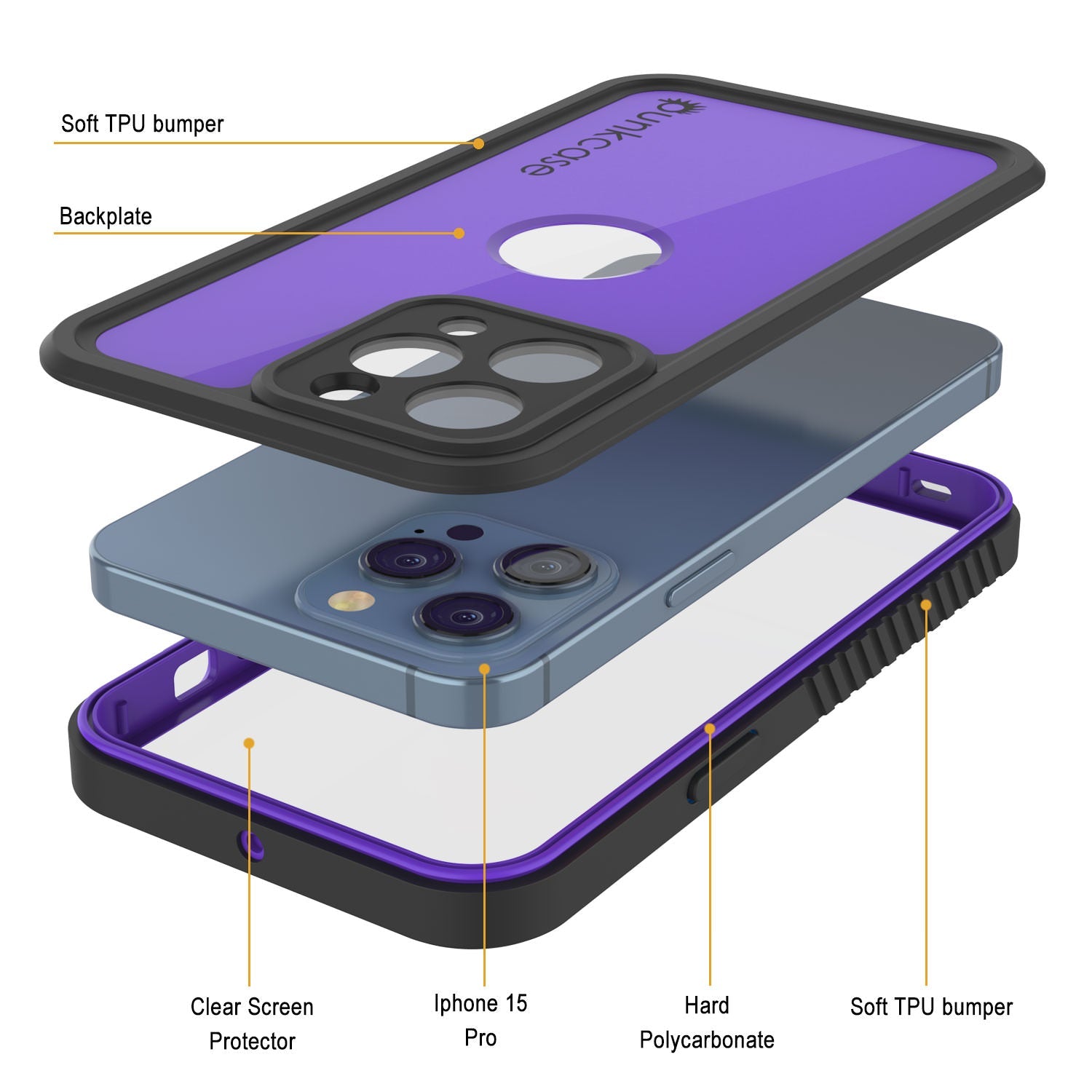 iPhone 15 Pro Waterproof IP68 Case, Punkcase [Purple] [StudStar Series] [Slim Fit] [Dirtproof]