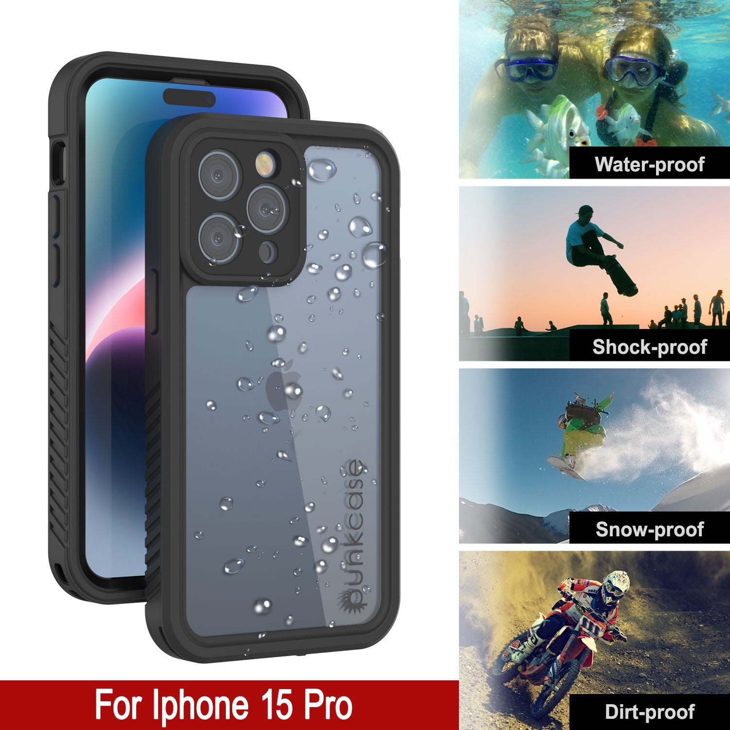 iPhone 15 Pro Waterproof IP68 Case, Punkcase [Clear] [StudStar Series] [Slim Fit] [Dirtproof]