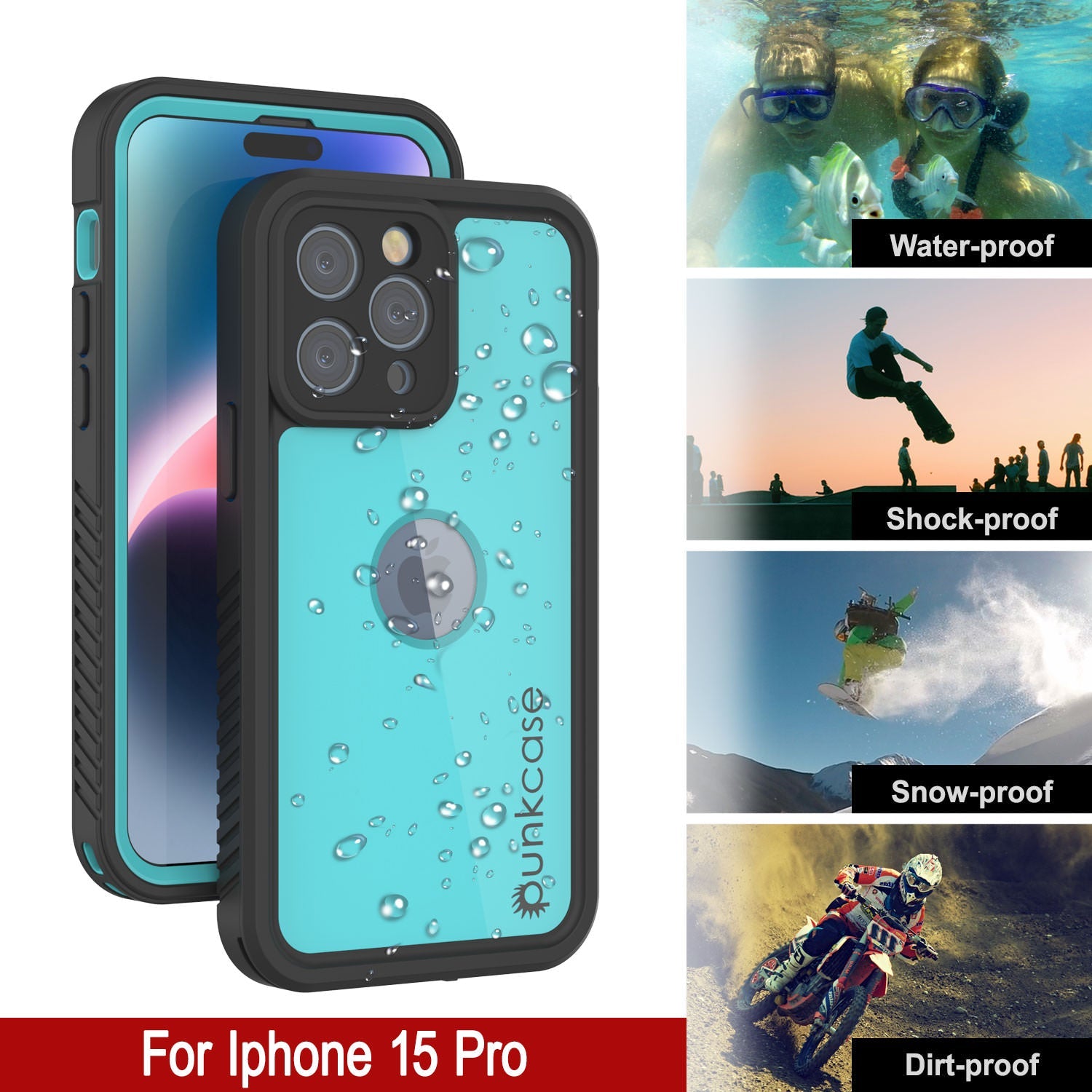 iPhone 15 Pro Waterproof IP68 Case, Punkcase [Teal] [StudStar Series] [Slim Fit]