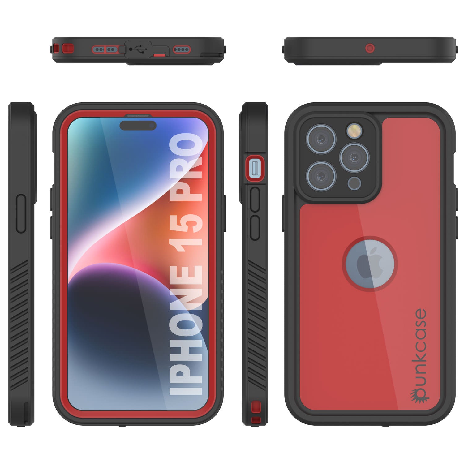 iPhone 15 Pro Waterproof IP68 Case, Punkcase [Red] [StudStar Series] [Slim Fit]