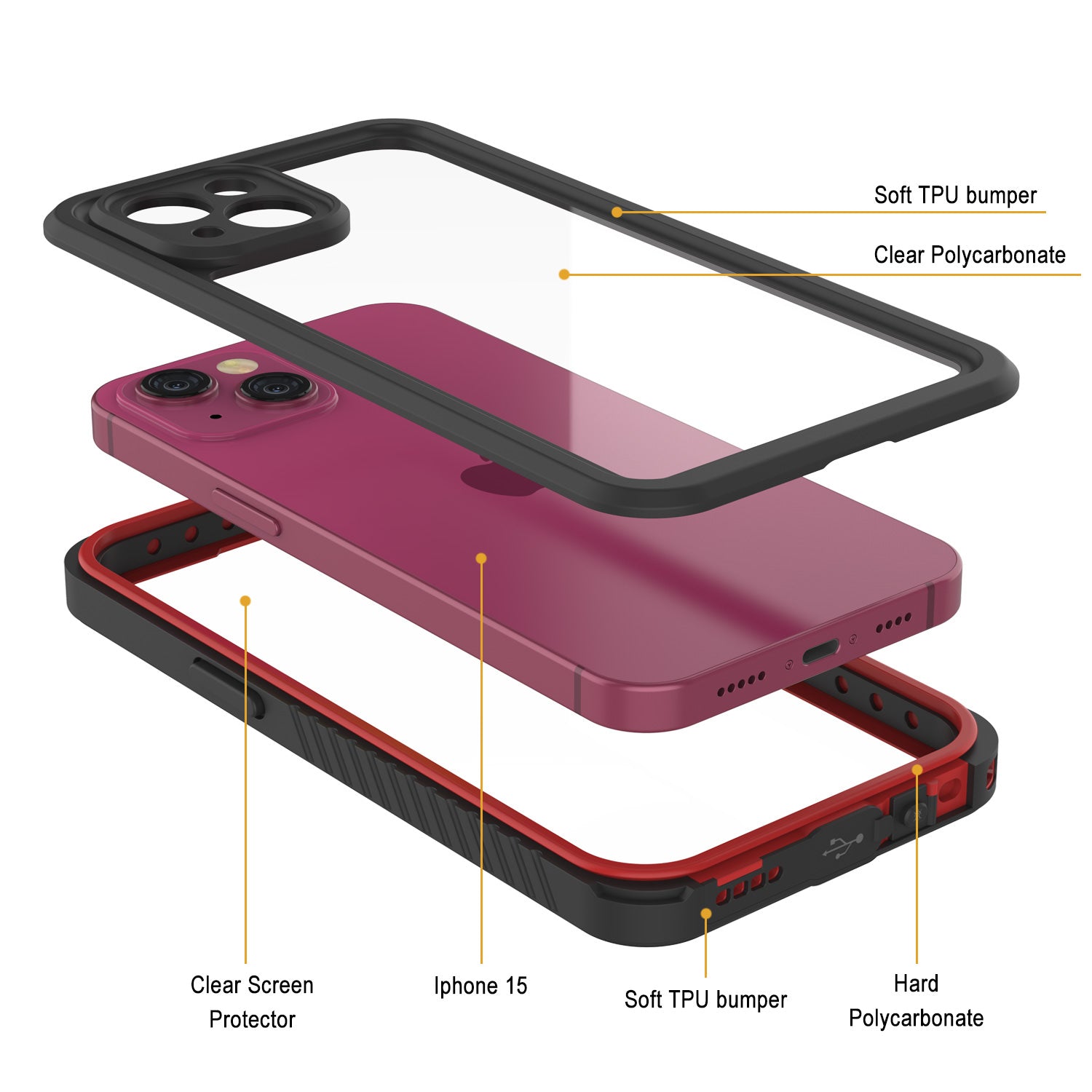 iPhone 15  Waterproof Case, Punkcase [Extreme Series] Armor Cover W/ Built In Screen Protector [Red]