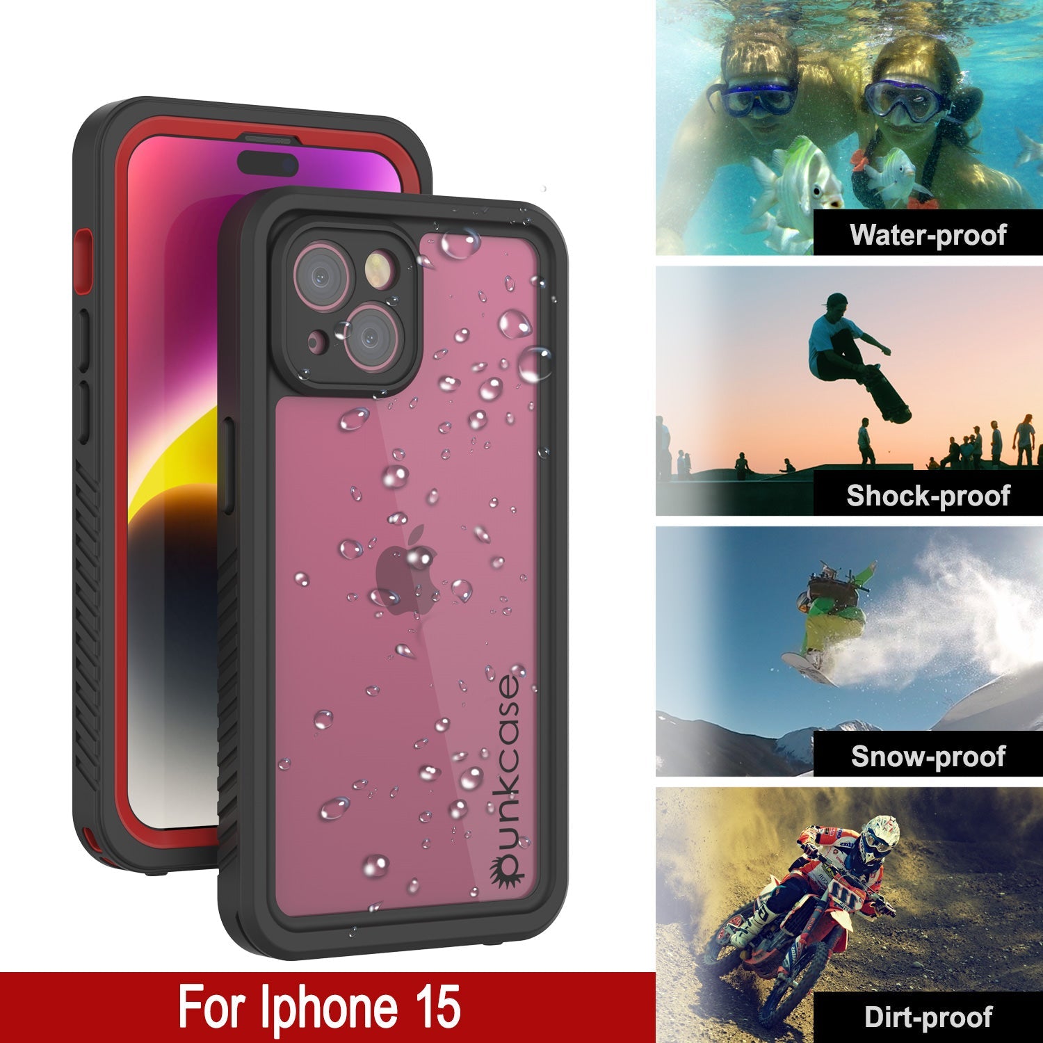 iPhone 15  Waterproof Case, Punkcase [Extreme Series] Armor Cover W/ Built In Screen Protector [Red]