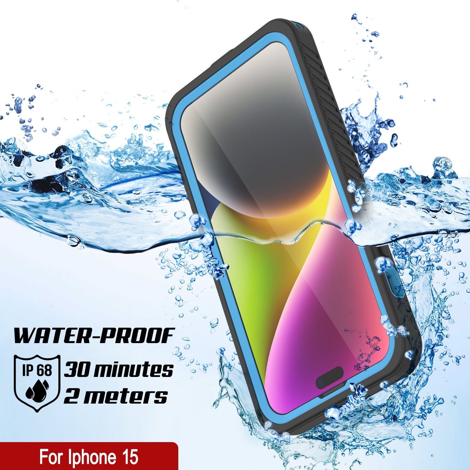 iPhone 15  Waterproof Case, Punkcase [Extreme Series] Armor Cover W/ Built In Screen Protector [Light Blue]