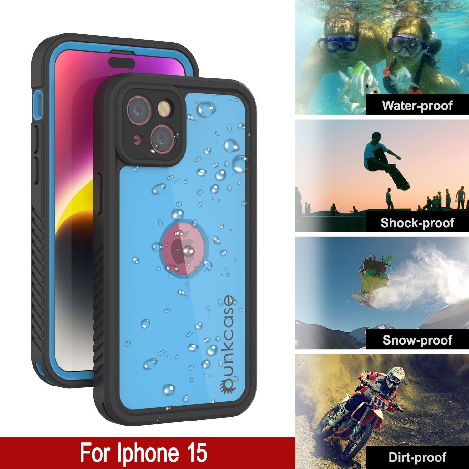 iPhone 15 Waterproof IP68 Case, Punkcase [Light blue] [StudStar Series] [Slim Fit] [Dirtproof]