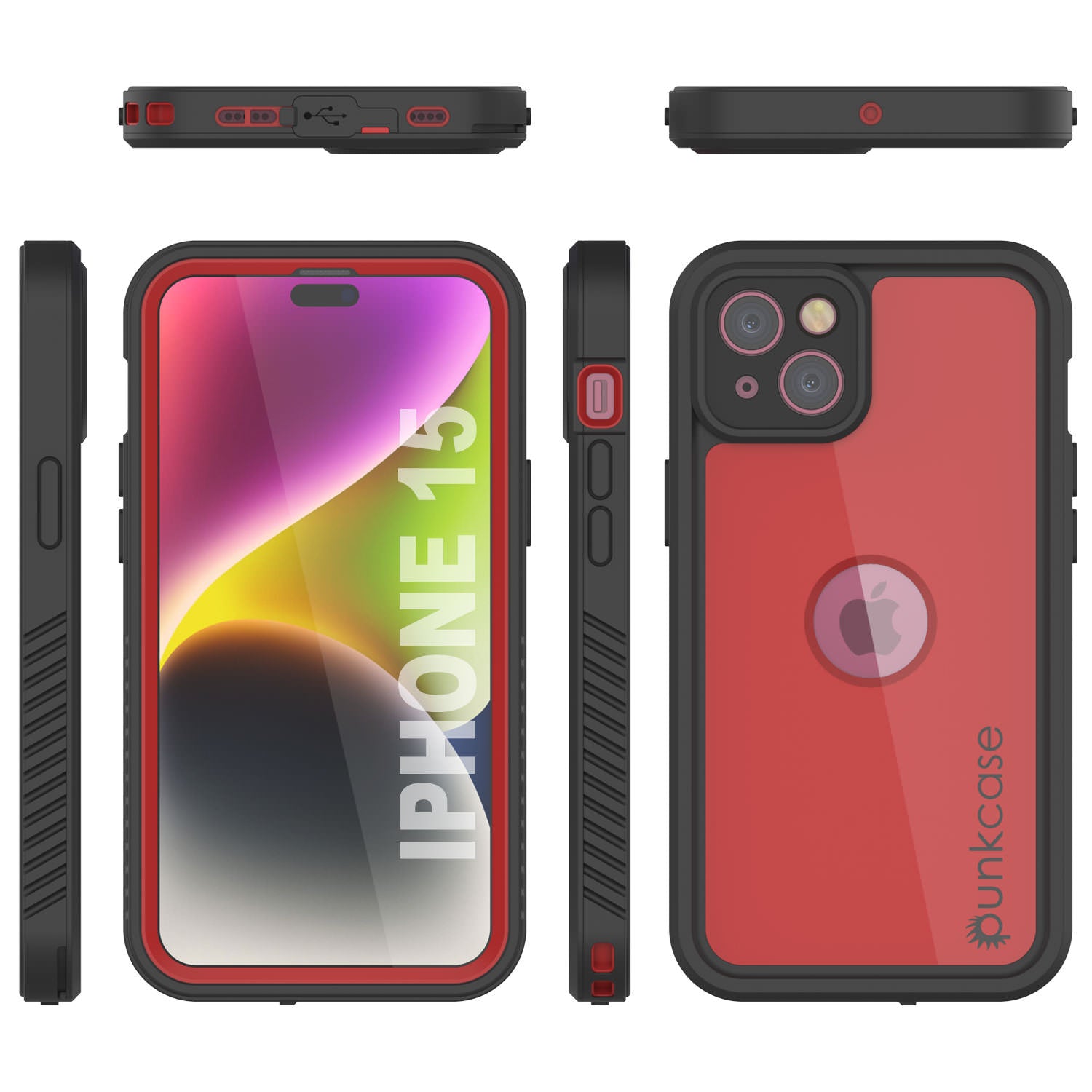 iPhone 15 Waterproof IP68 Case, Punkcase [Red] [StudStar Series] [Slim Fit]