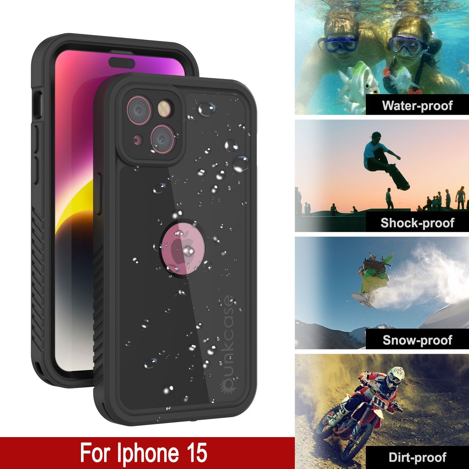 iPhone 15 Waterproof IP68 Case, Punkcase [Black] [StudStar Series] [Slim Fit]